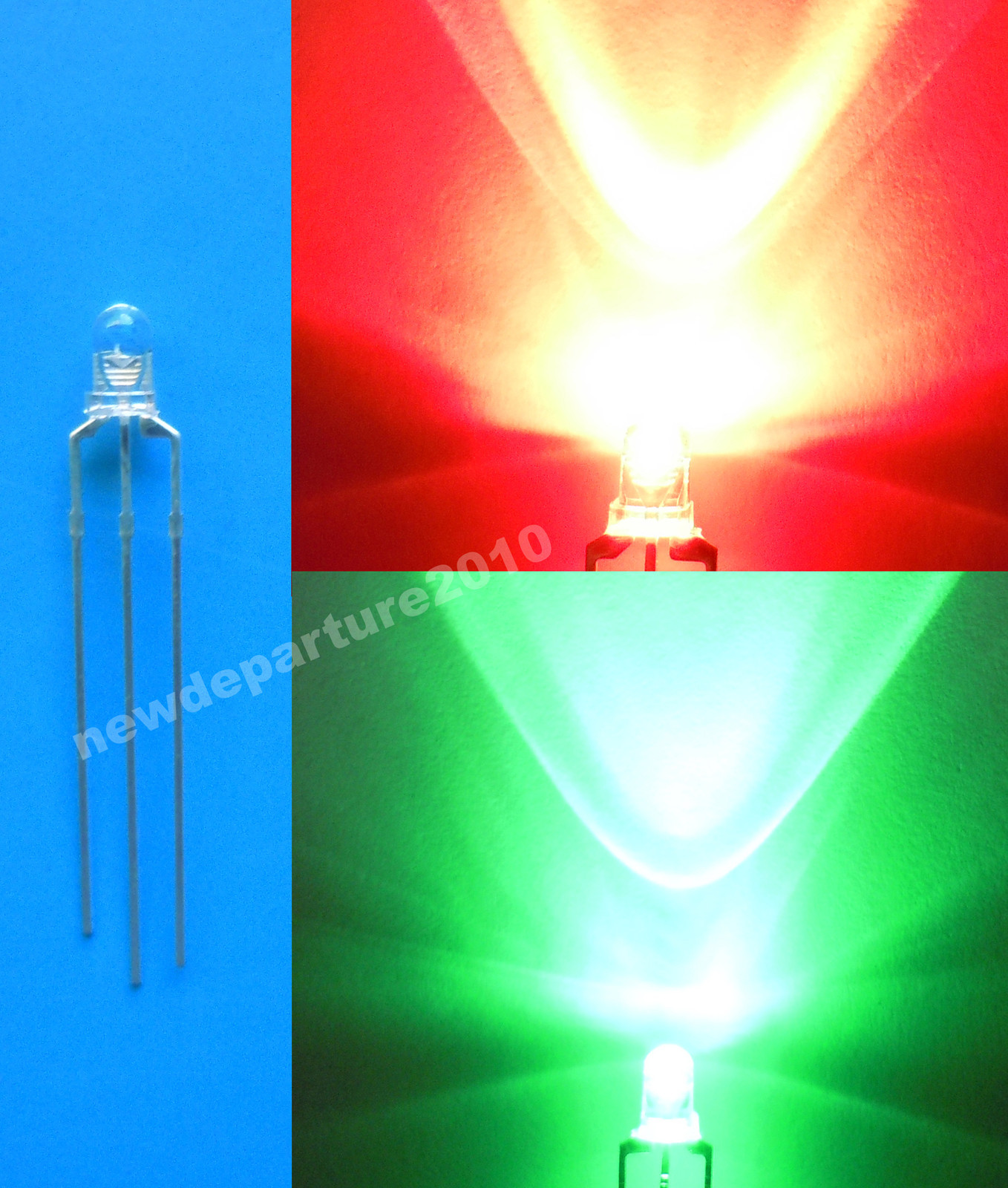 100Pcs 3mm Dual Bi-Color Red / Pure Green 3Pin Water Clear LED Common Cathode