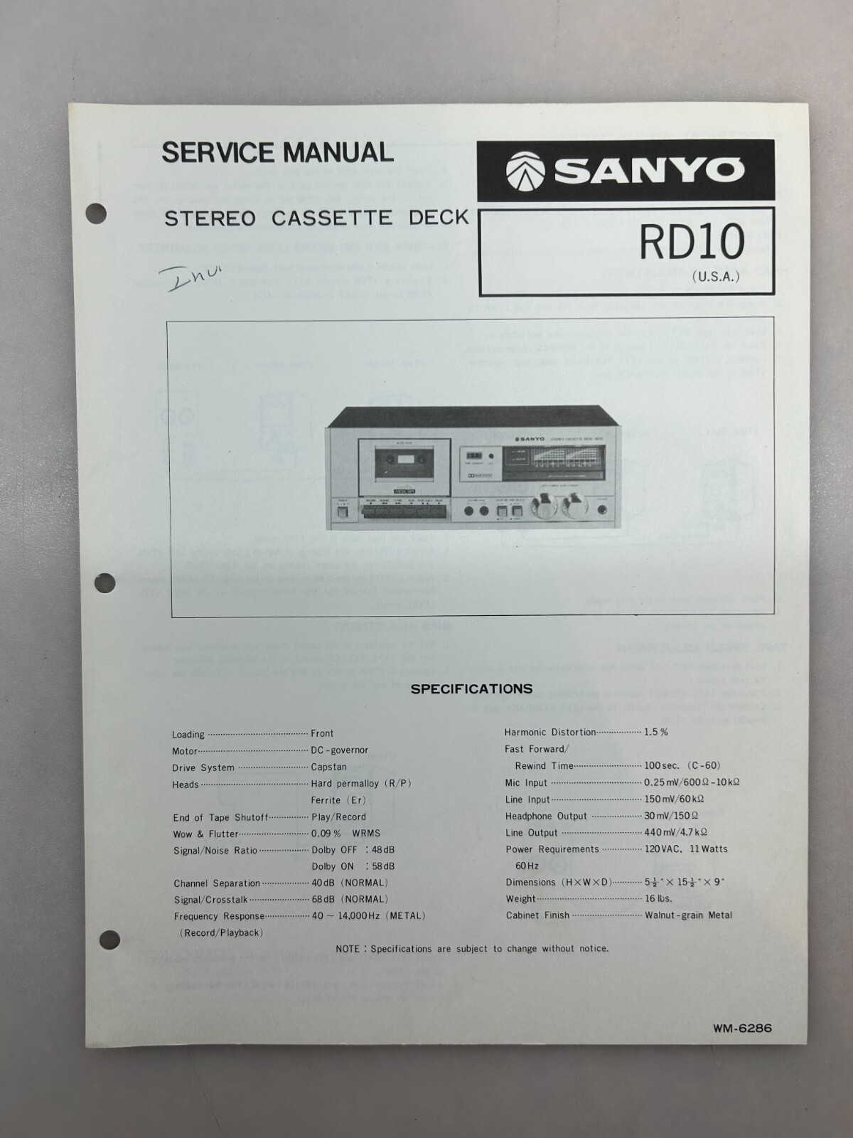Sanyo RD10 Original Service Manual Free Shipping