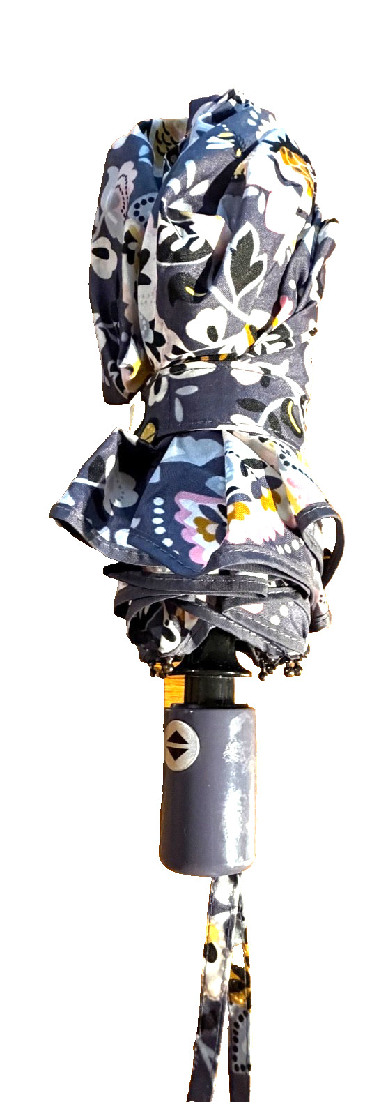 Vera Bradley compact folding umbrella featuring a colorful floral pattern gray