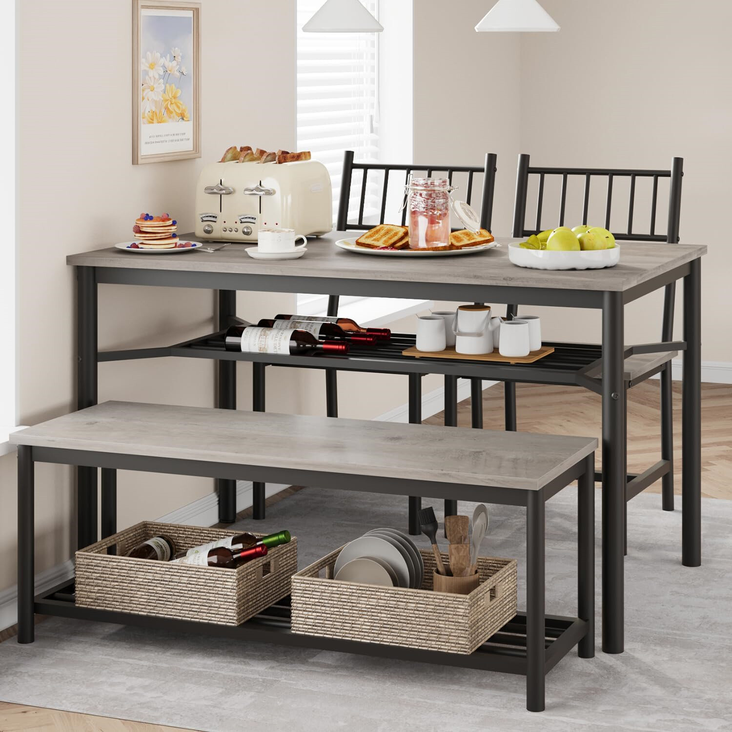 Dining Table Set for 4 Kitchen Table and 2 Chairs with Storage Bench Dining Sets