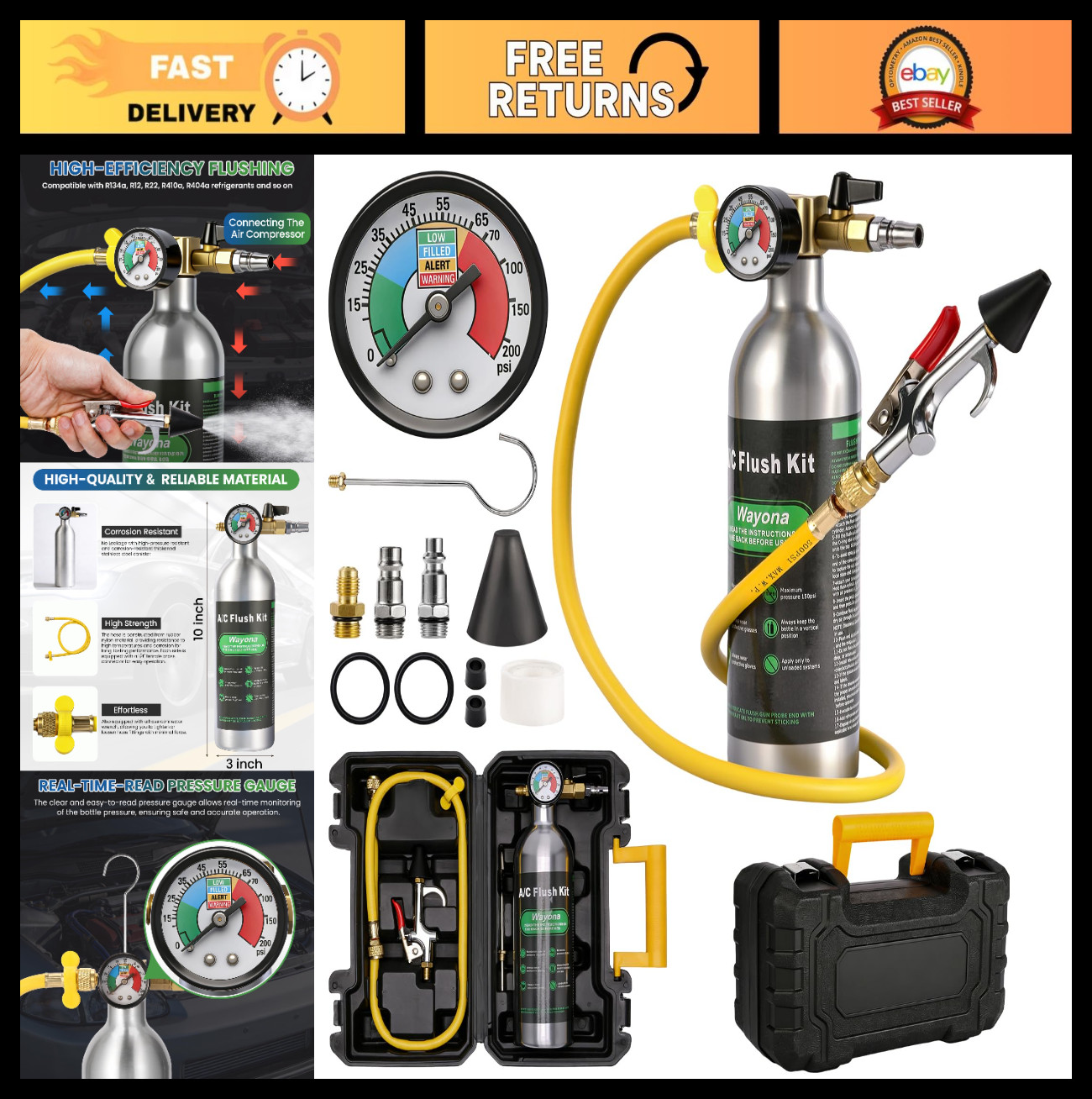 AC Flush Kit - Automotive Air Conditioner System Cleaning Tool Set, 220PSI Gauge