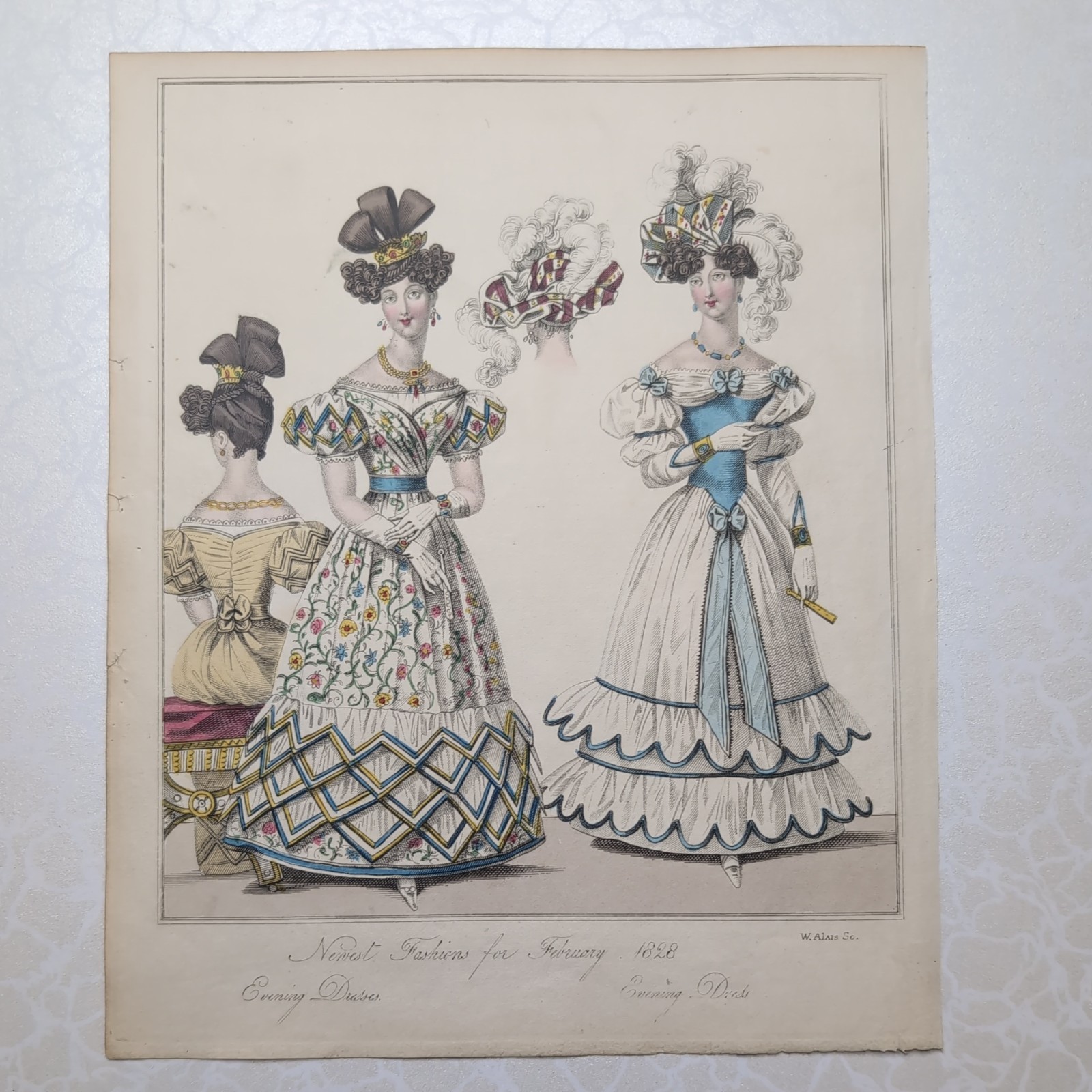 Original 1828 World Of Fashion Coloured Evening Dresses Feuilletons