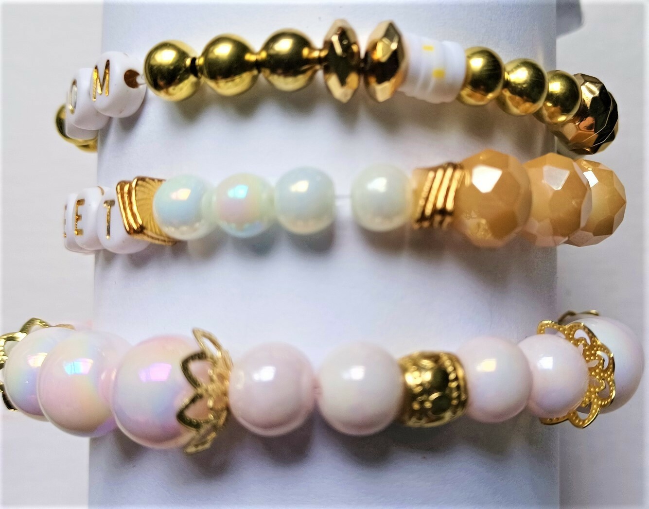 Sweet Mom Stretchy Bracelet Stack Gold and Pearl