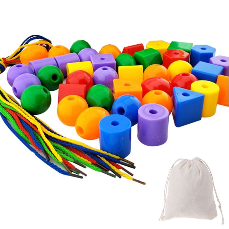 Preschool Large Lacing Beads for Kids 50 Stringing Beads with 4 Strings