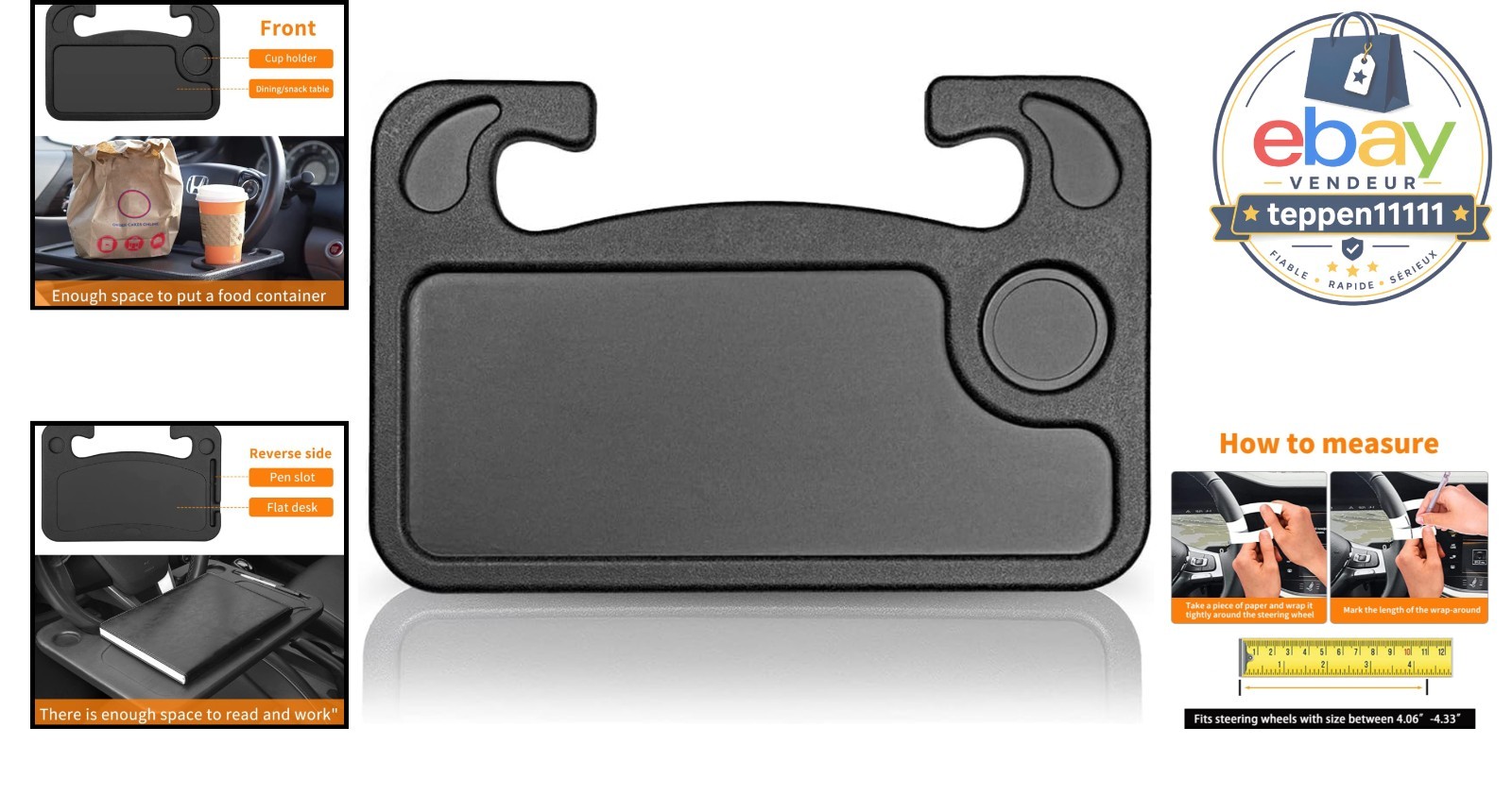 Car Food Table Steering Wheel Tray Black