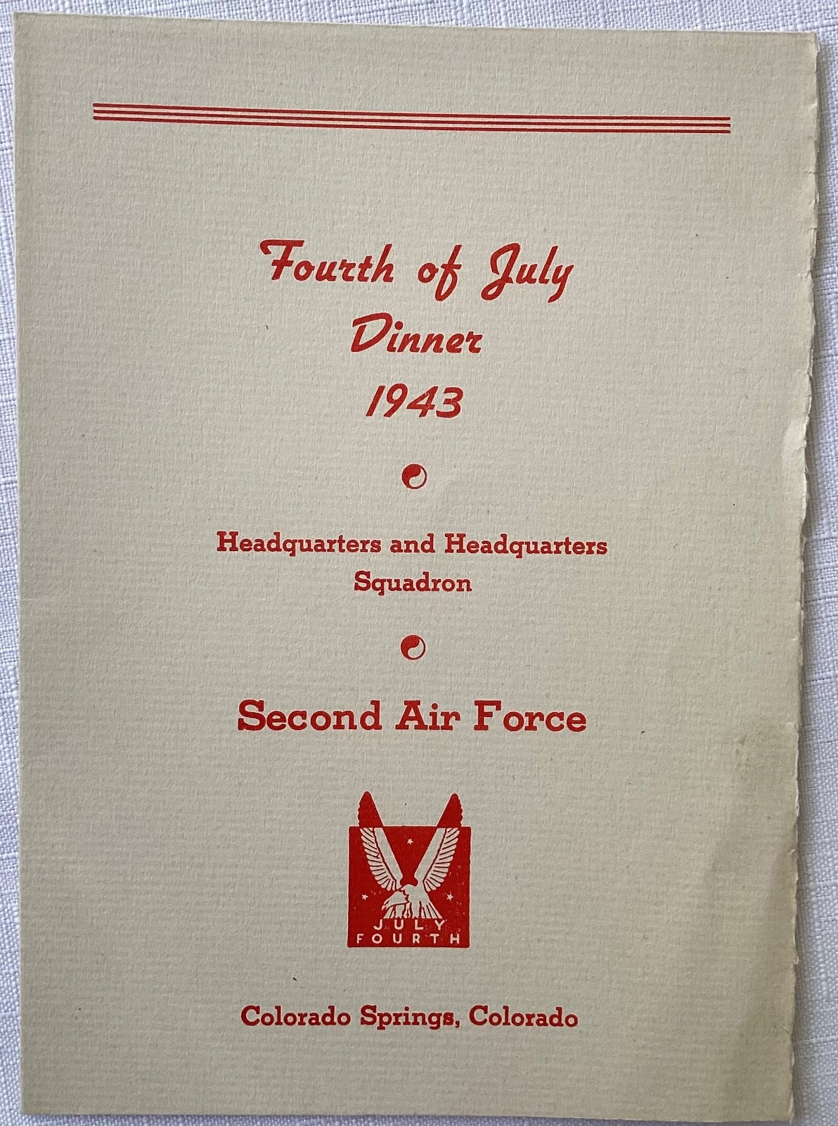 July 4th Dinner program menu 1943 Second Air Force Colorado Springs CO exc cond