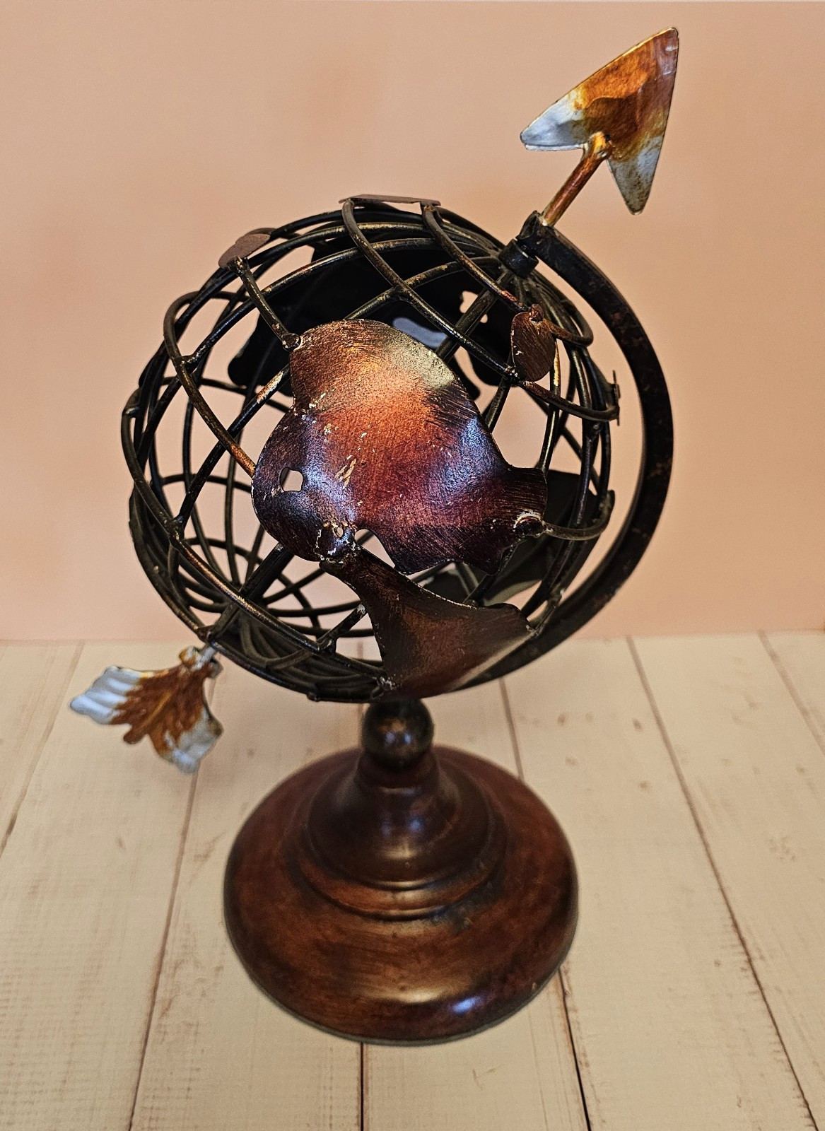 Desktop Metal Wrought Iron Globe with Arrow Rustic Bronze Armillary Sphere