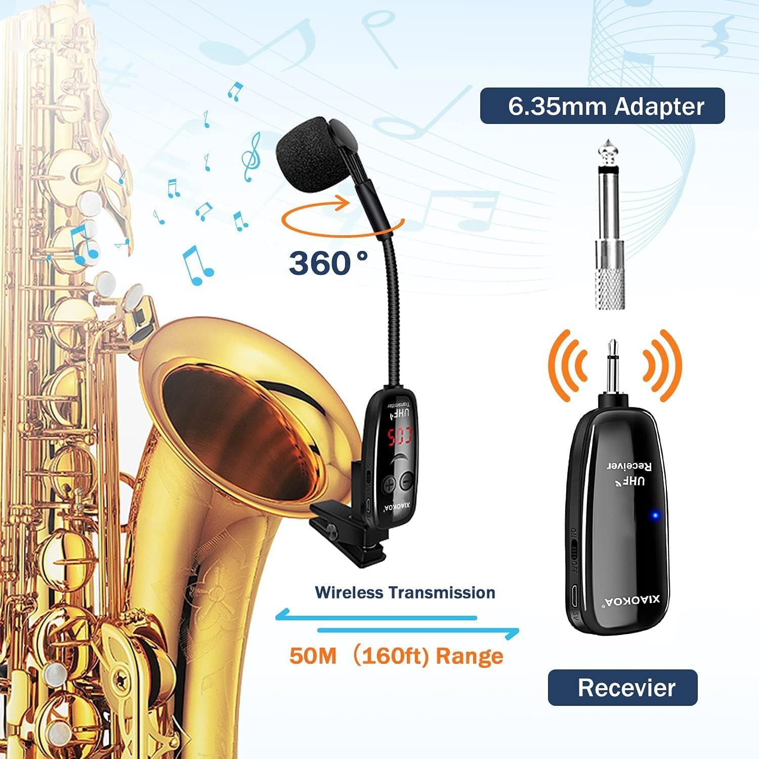Wireless Microphone for Saxophone, UHF Wireless Microphone for Musical Instrumen