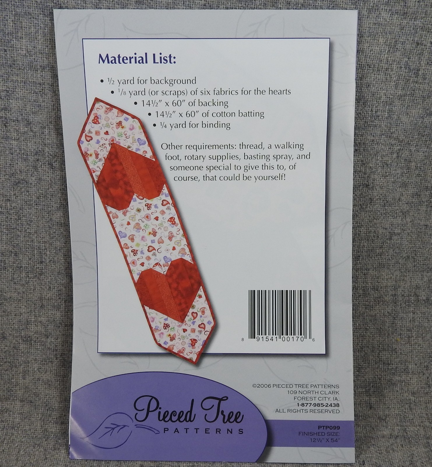 Two Hearts Table Runner 12 x 54 Valentines Holiday Pieced Tree Quilt Pattern