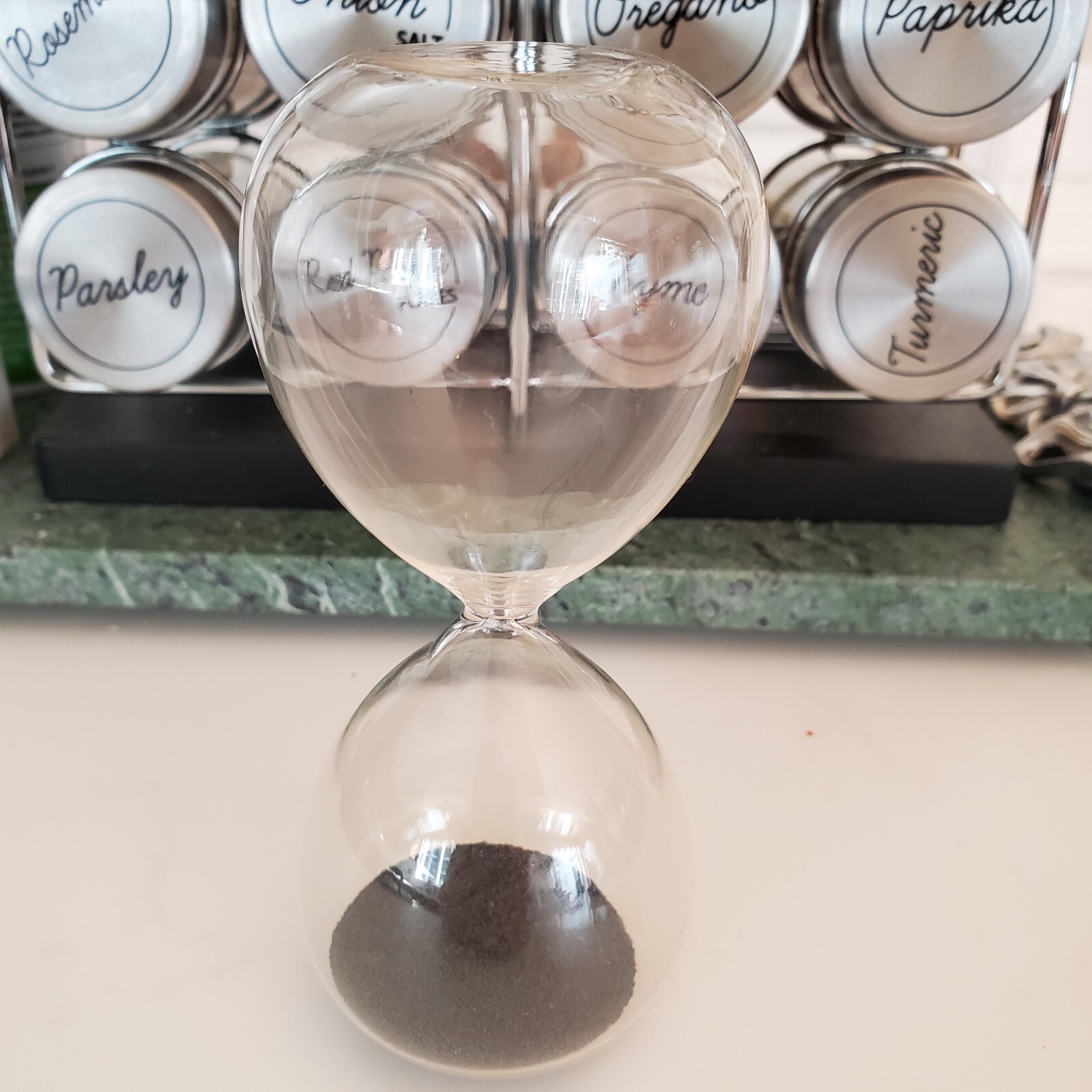 Hour Glass Sand Timer ALL Glass 5" Tall Blown Glass Black Sand 35 Seconds