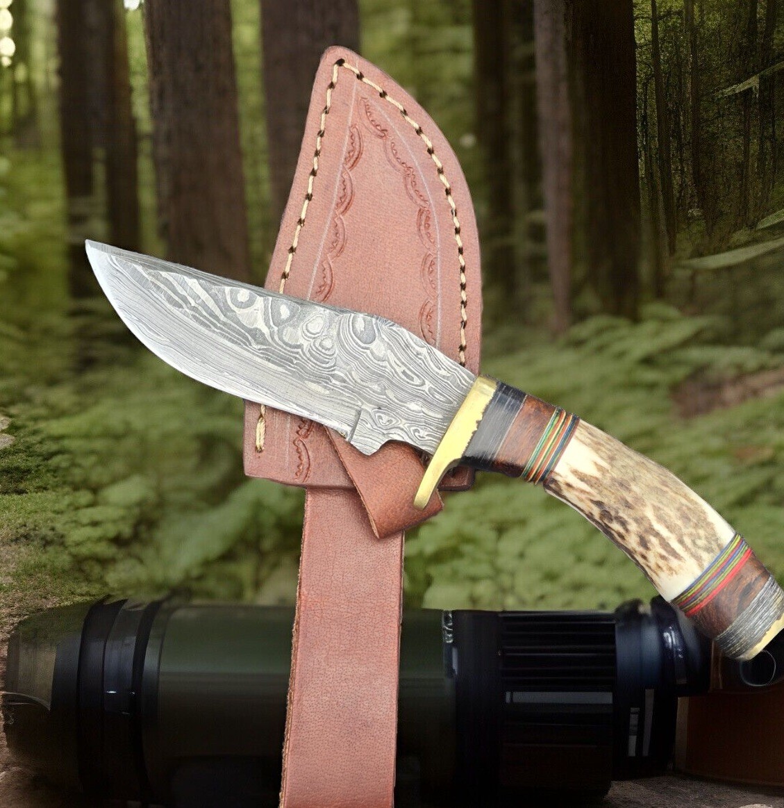 handmade Damascus steel hunting skinning fixed blade knife stag Antler knives