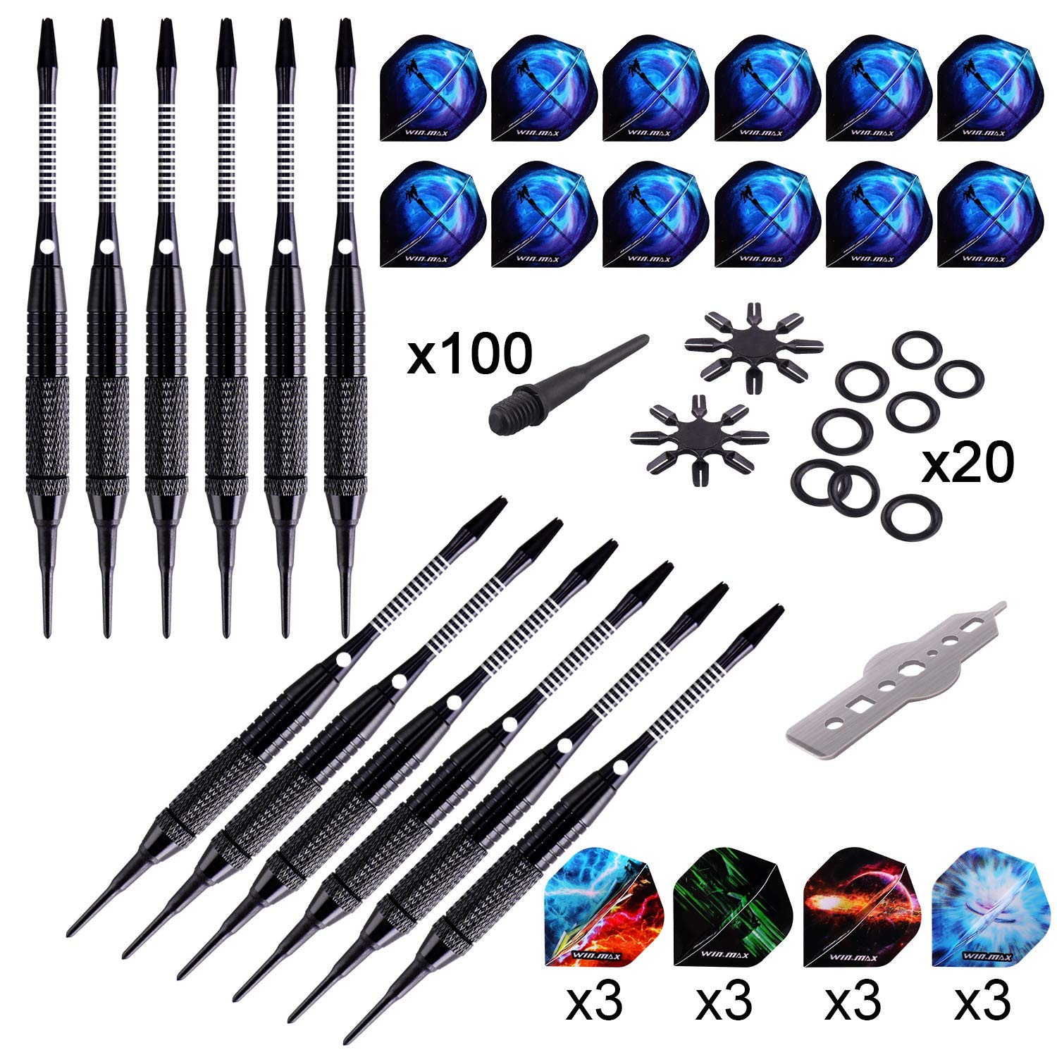 WIN.MAX 12-Pcs Soft Tip Darts Set - 18g Plastic Tip Darts, 100 Extra Tips