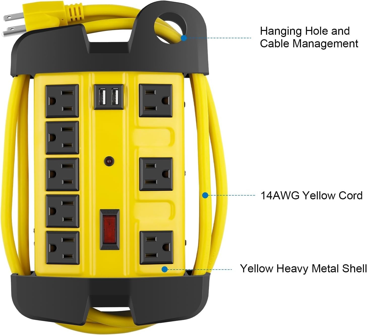 Heavy Duty 12FT Power Strip with 8 Outlets & USB, Ideal Workshop Surge Protector