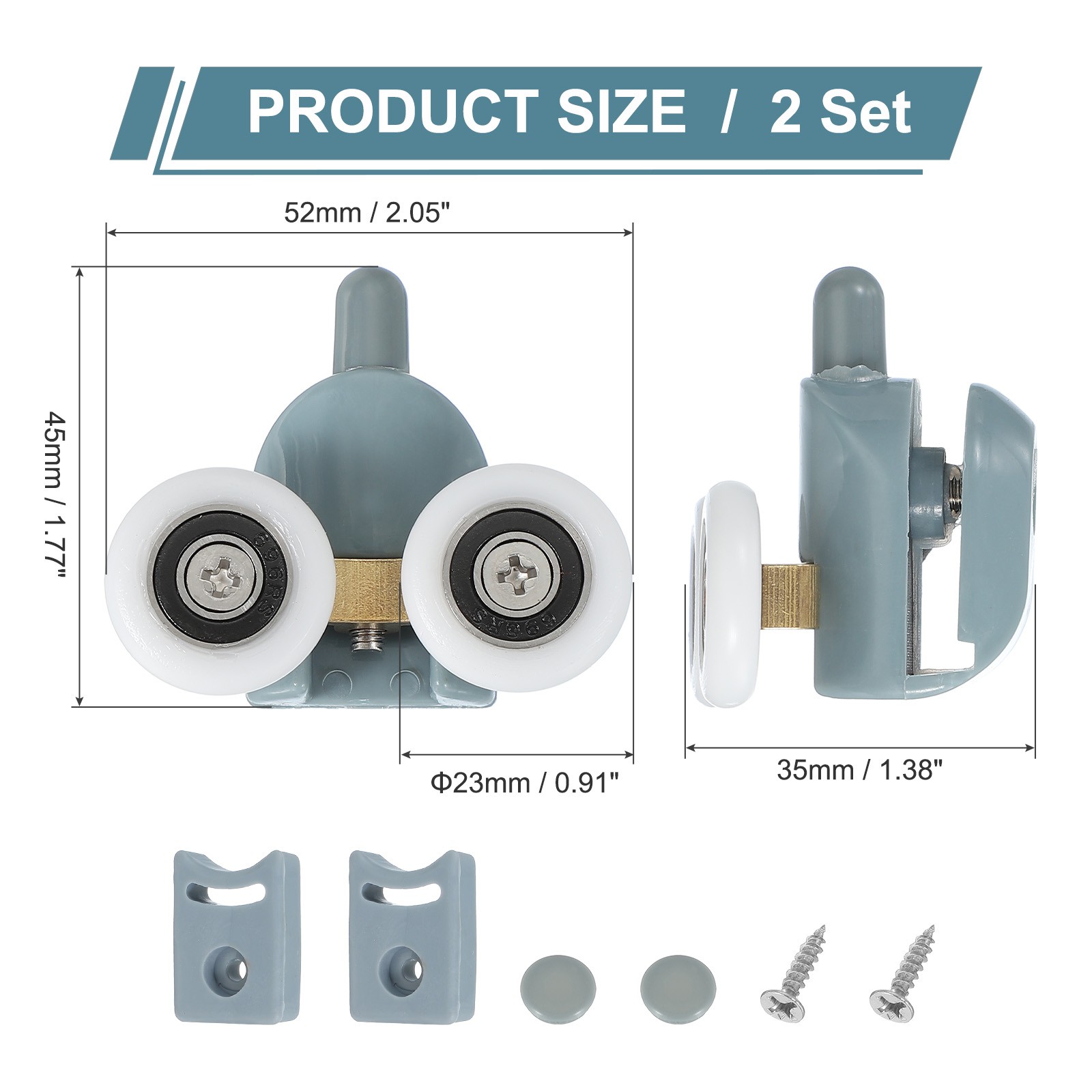 2Pcs 23mm Double Shower Door Rollers Plastic Bottom Wheels Pulleys Guide Grey
