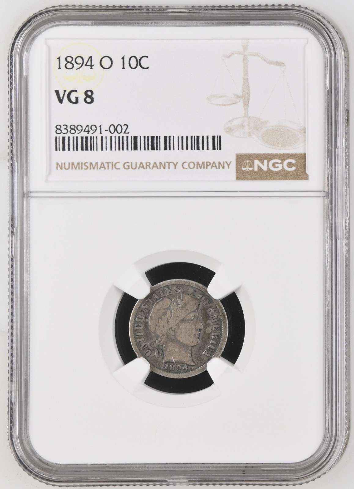 1894 O 10c Barber Dime NGC VG8