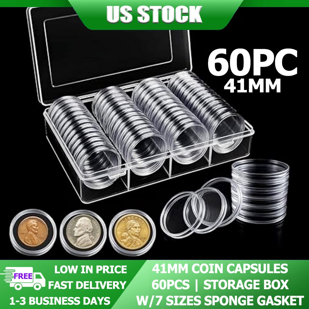 60 Pack 41mm Coin Capsules For Silver Eagle Liberty Gold Coins w/Storage Box US