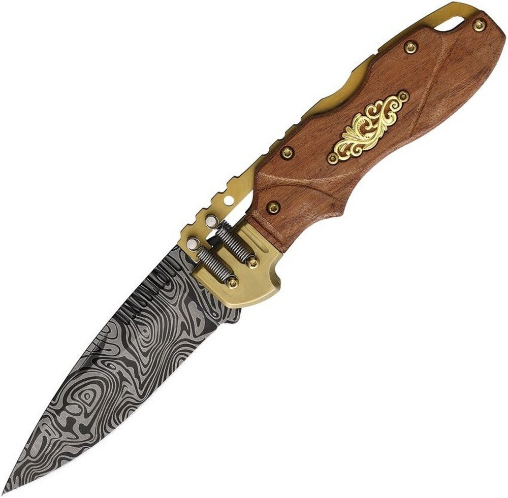 S-Tec Steampunk Spine Lock Folding Knife Damascus Steel Blade Wood - T20316-3