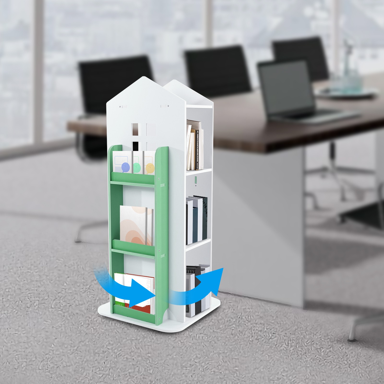 4 Tiers 360° Kids Green Castle Rotating Bookshelf Home Office Furniture Bookcase