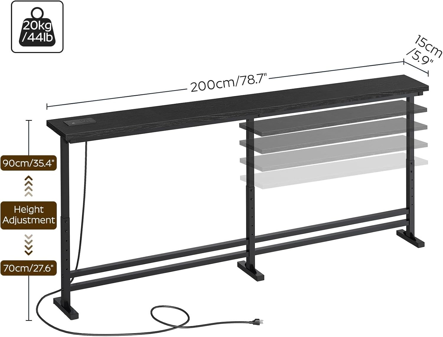78.7" Console Table with Adjustable Height (27.6"-35.4") and Power Outlet