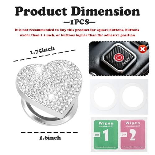 Bling Push Start Button Cover with Rhinestone,Heart Push to Start Button White