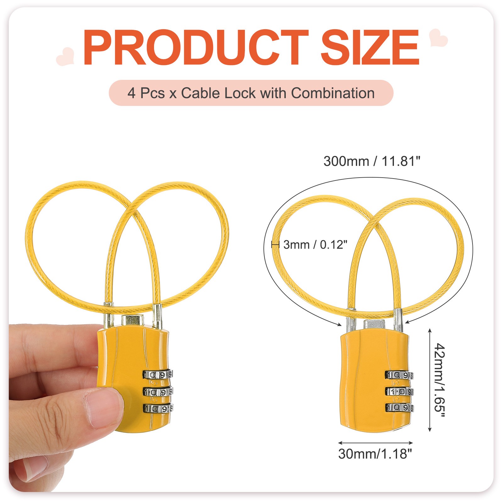 4 Pcs 3 Digit Luggage Cable Combination Lock with 12" Long Cable, Yellow