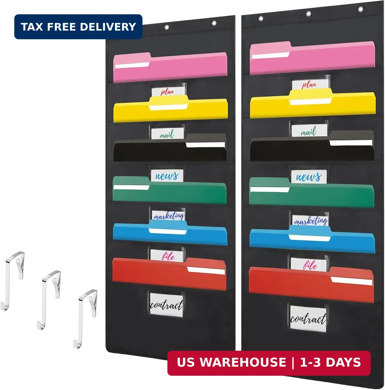Black Hanging Wall File Organizer with 6 Pockets,2 Packs Wall Hanging File Folde