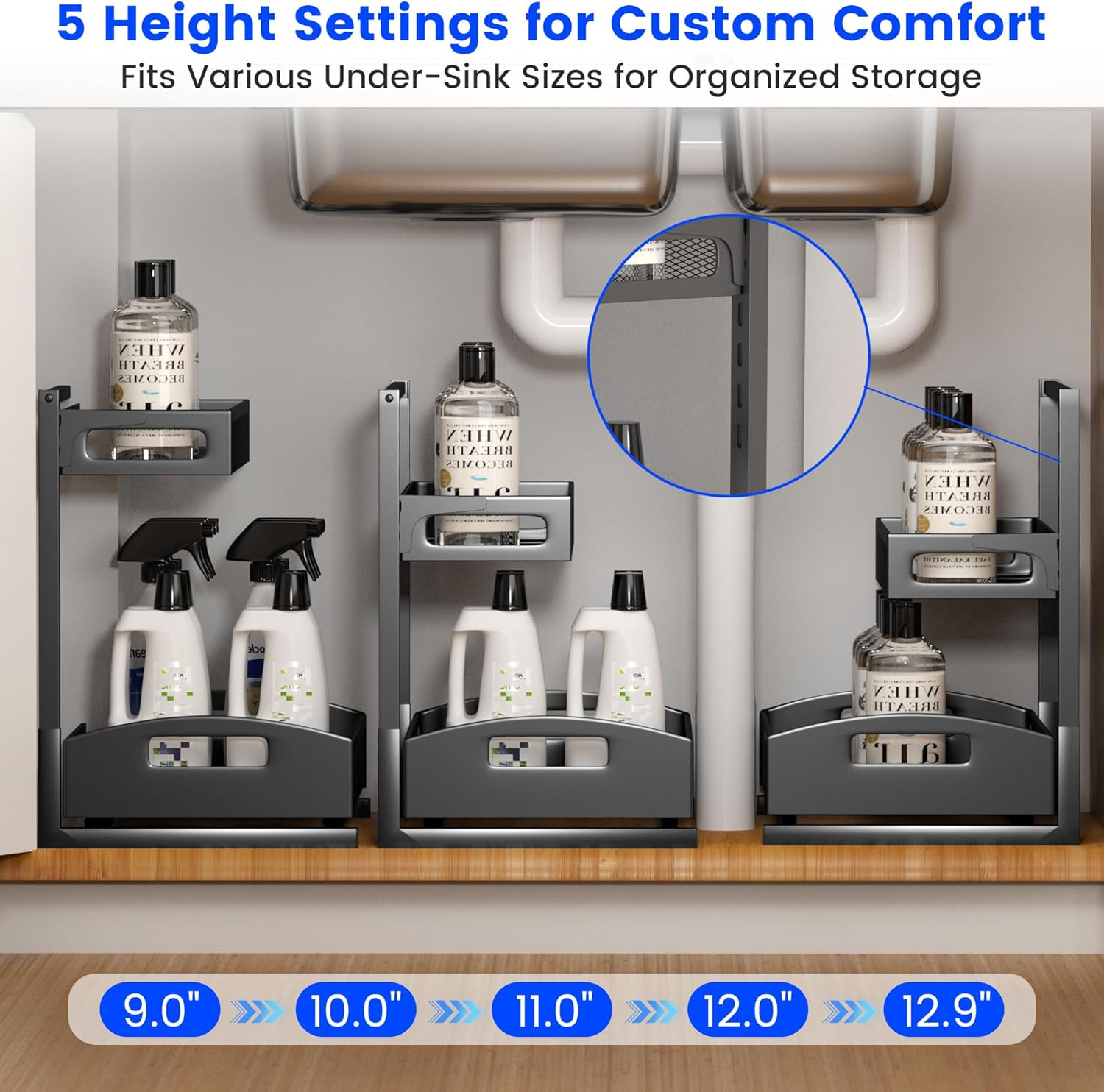 Height Adjustable Under Sink Organizer - 2 Pack Storage for Kitchen & Bathroom