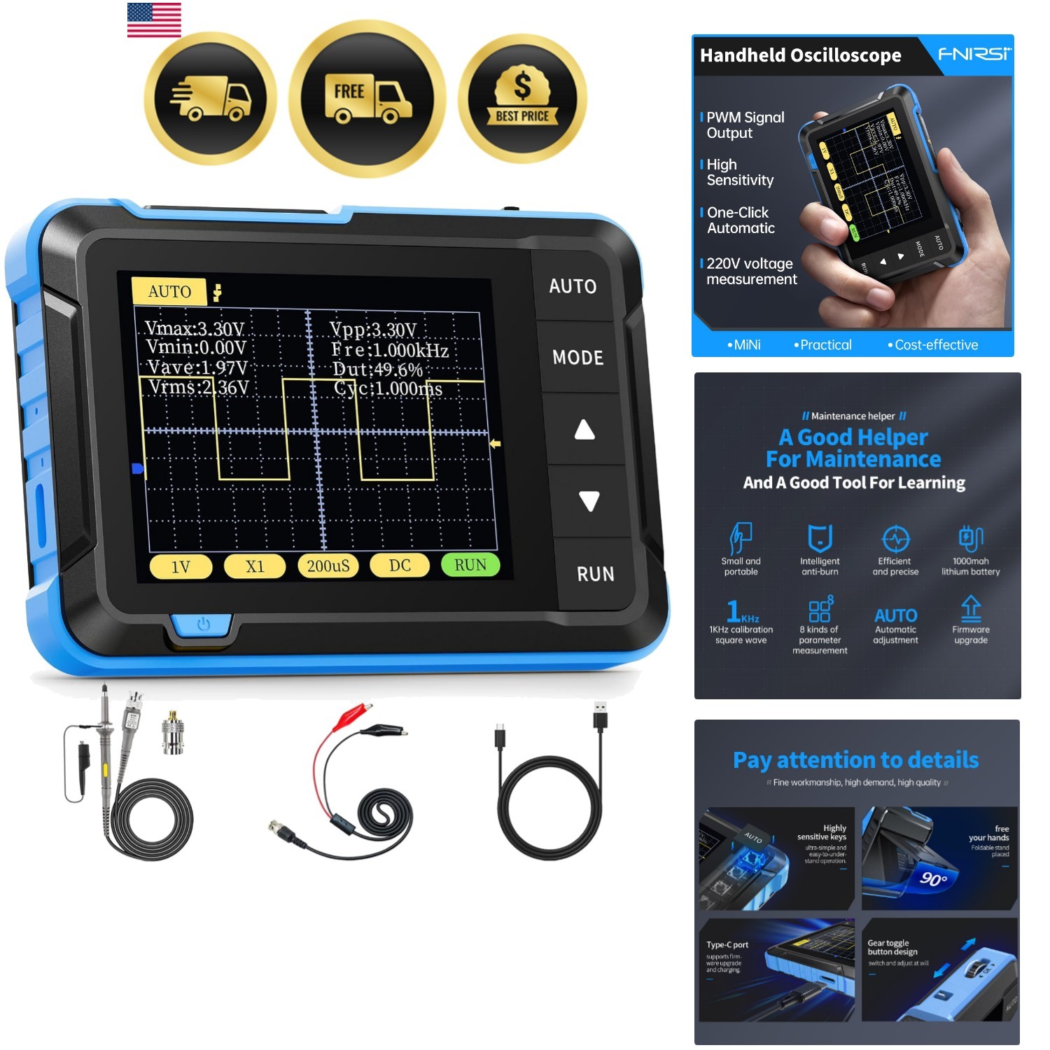 Digital Oscilloscope Handheld Pocket with High Sampling Rate 2.8 Inch TFT