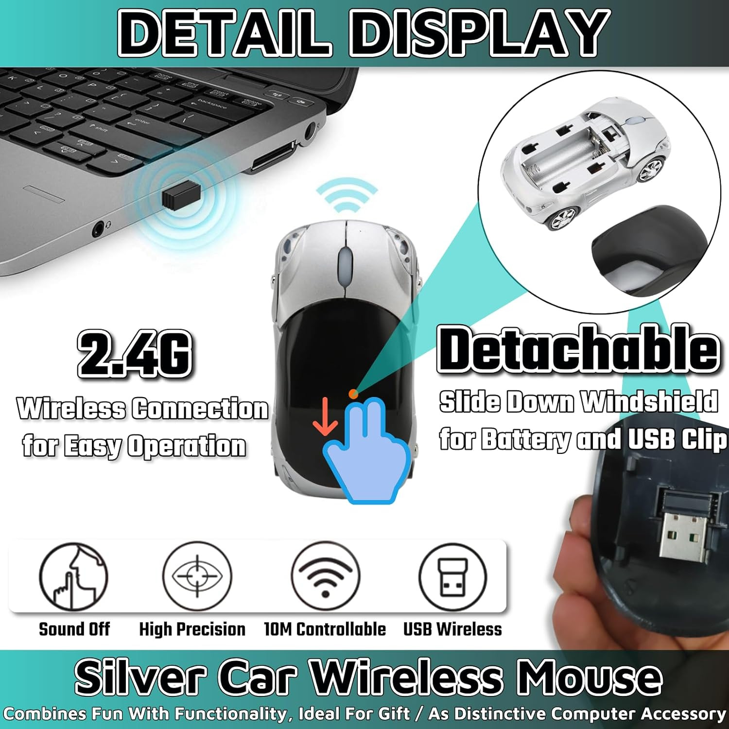 Silver Car Mouse，1600Dpi 2.4G with USB Reciver Computer Mice for Computer Wirele