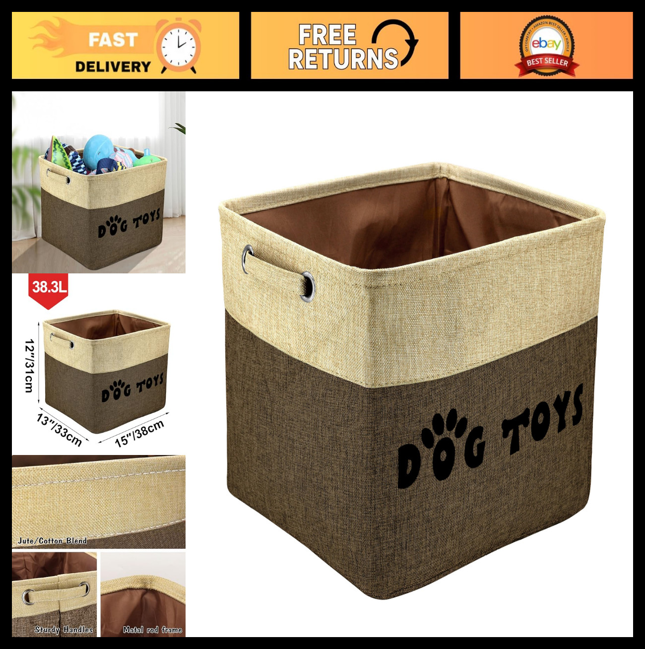 Collapsible Dog Toy Storage Basket with Handles - Large Organizer for Toys, Leas
