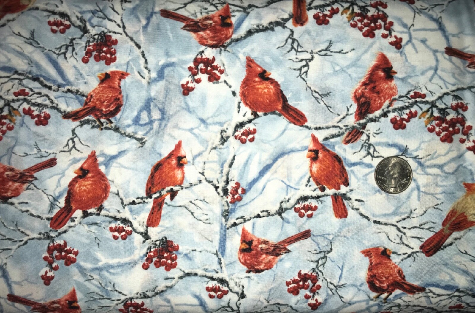 Cardinals/Berries/Twigs QUILT FABRIC by Timeless Treasures DONA C7594 blue