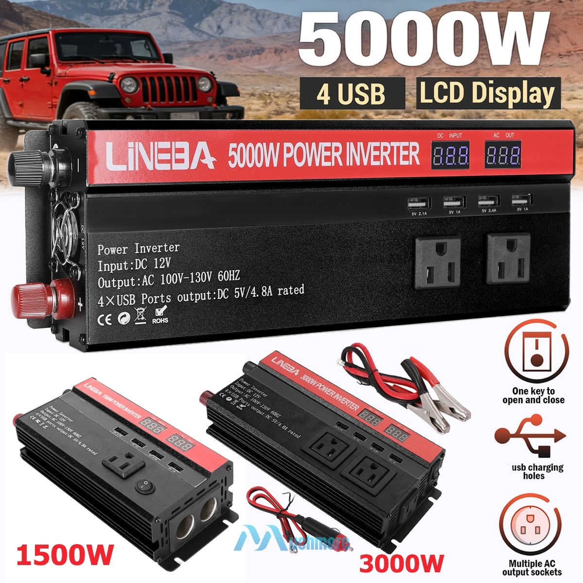 Sine Wave LCD Solar Converter 5000W Car Power Inverter DC 12V To AC 110V 4 USB