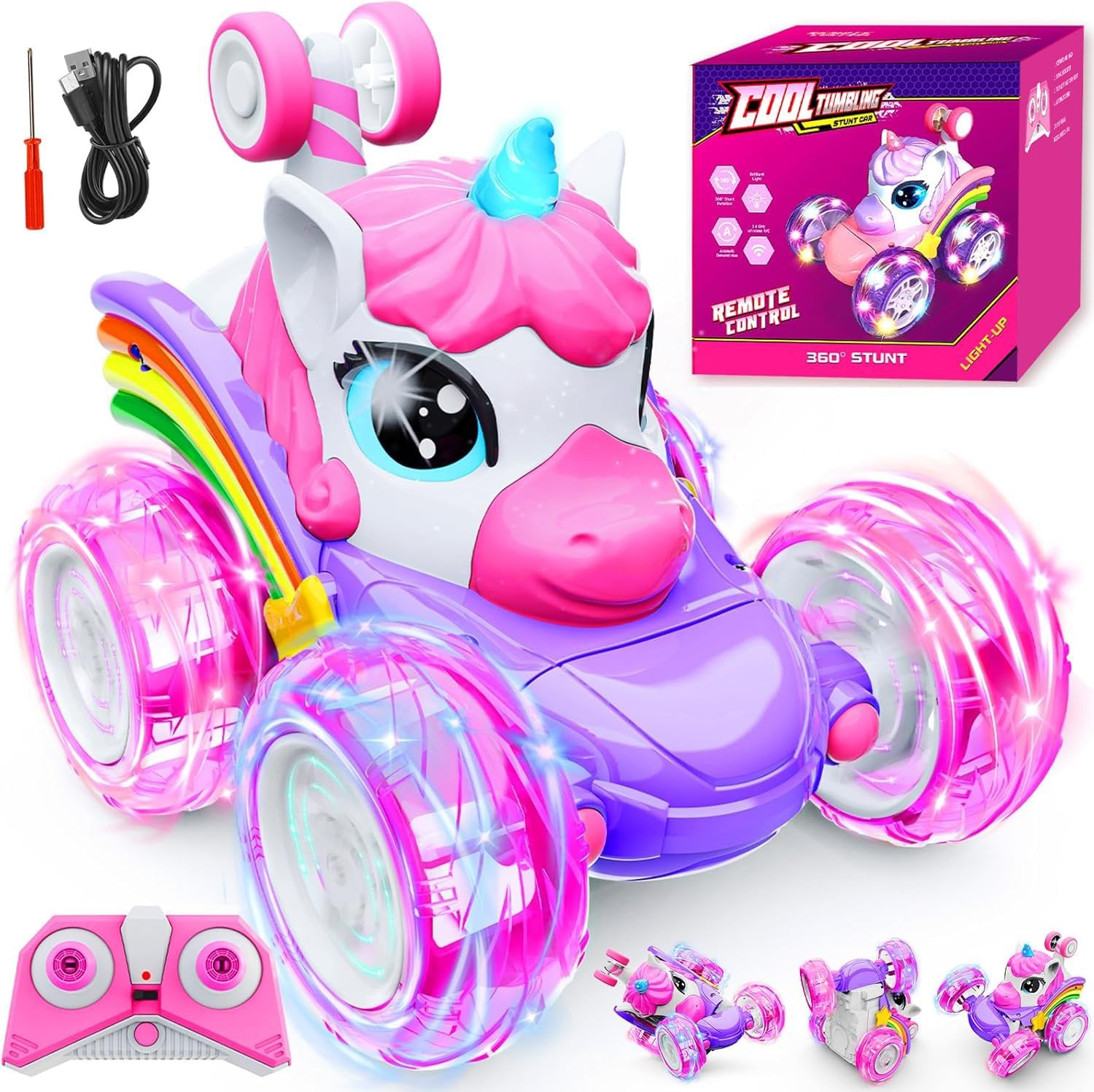 Unicorn Remote Control Car Toys for Girl - 360° Rotating Pink RC Stunt Cars 4...