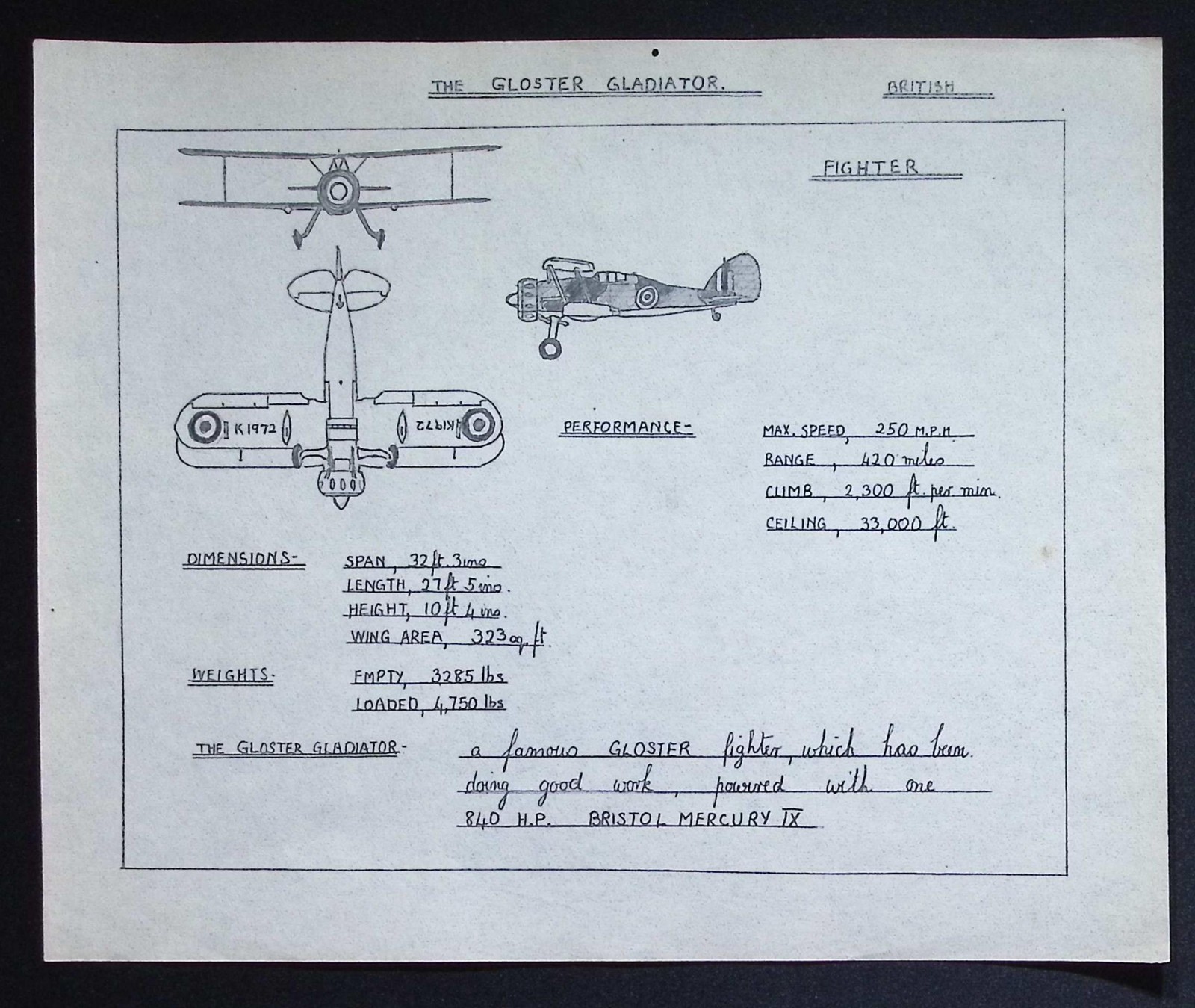 Original WWII Gloster Gladiator Recognition Drawing – British Biplane Fighter