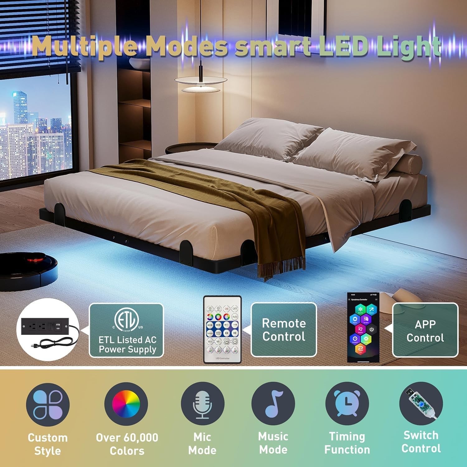 Floating Queen Bed Frame 14 Inch Metal Platform Bed W/ Smart LED Lights