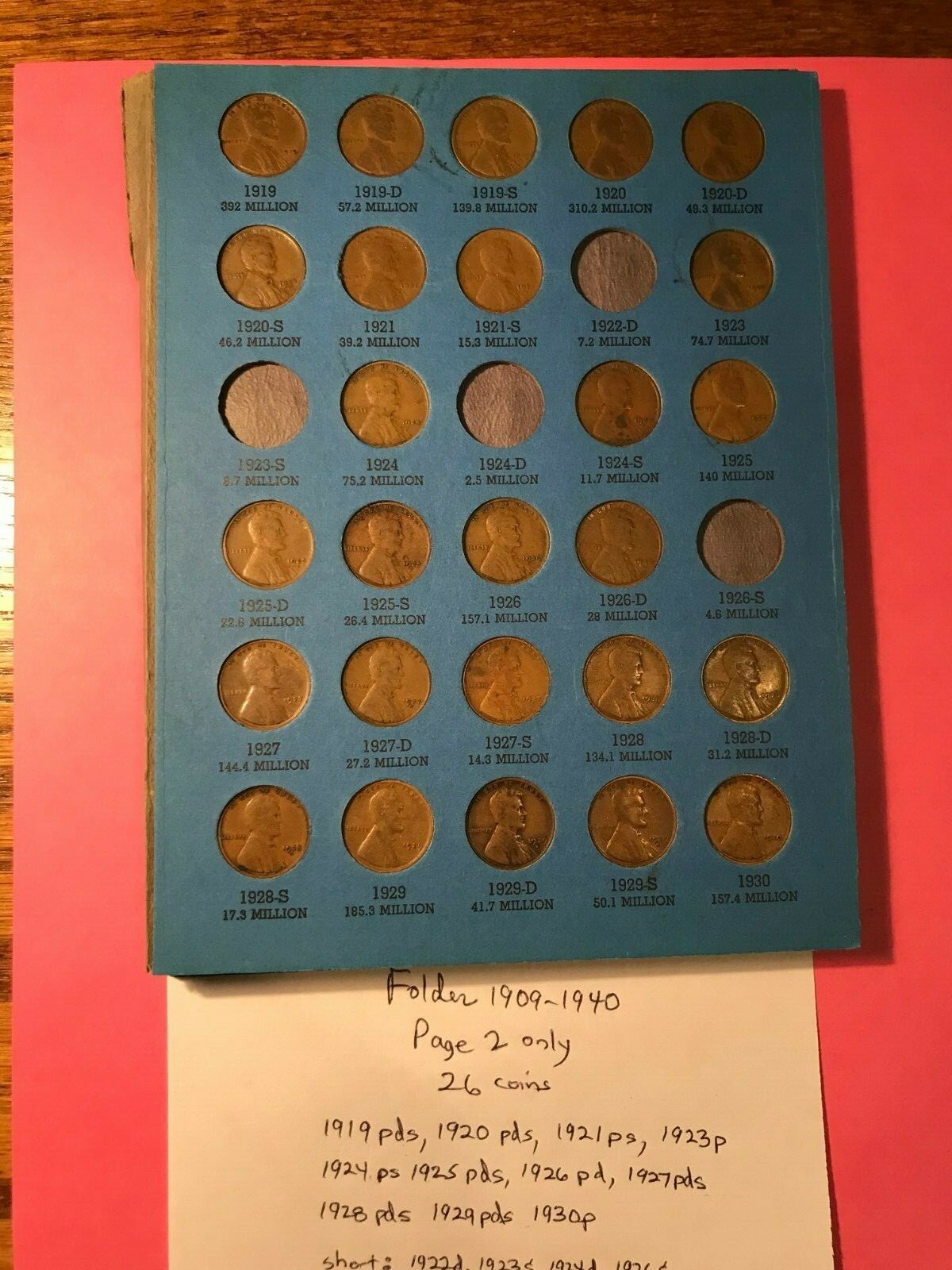 1919 1930 26 coin Lincoln Penny Page 2 of Whitman 9004 Folder 21S 24S 27S 28S