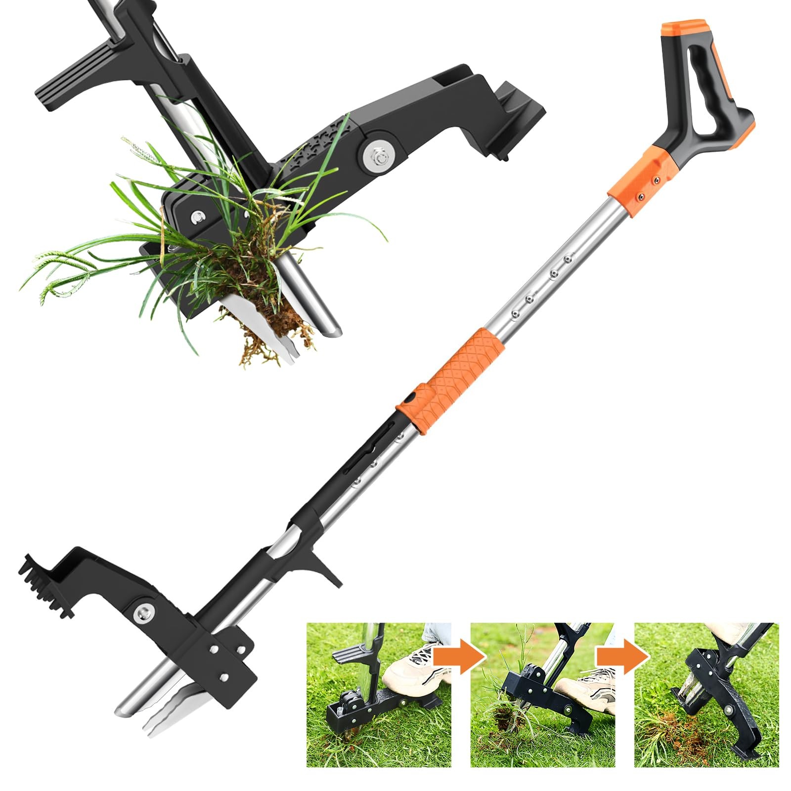 Fulljion Weed Puller Tool,Detachable Stand Up with Long Orange