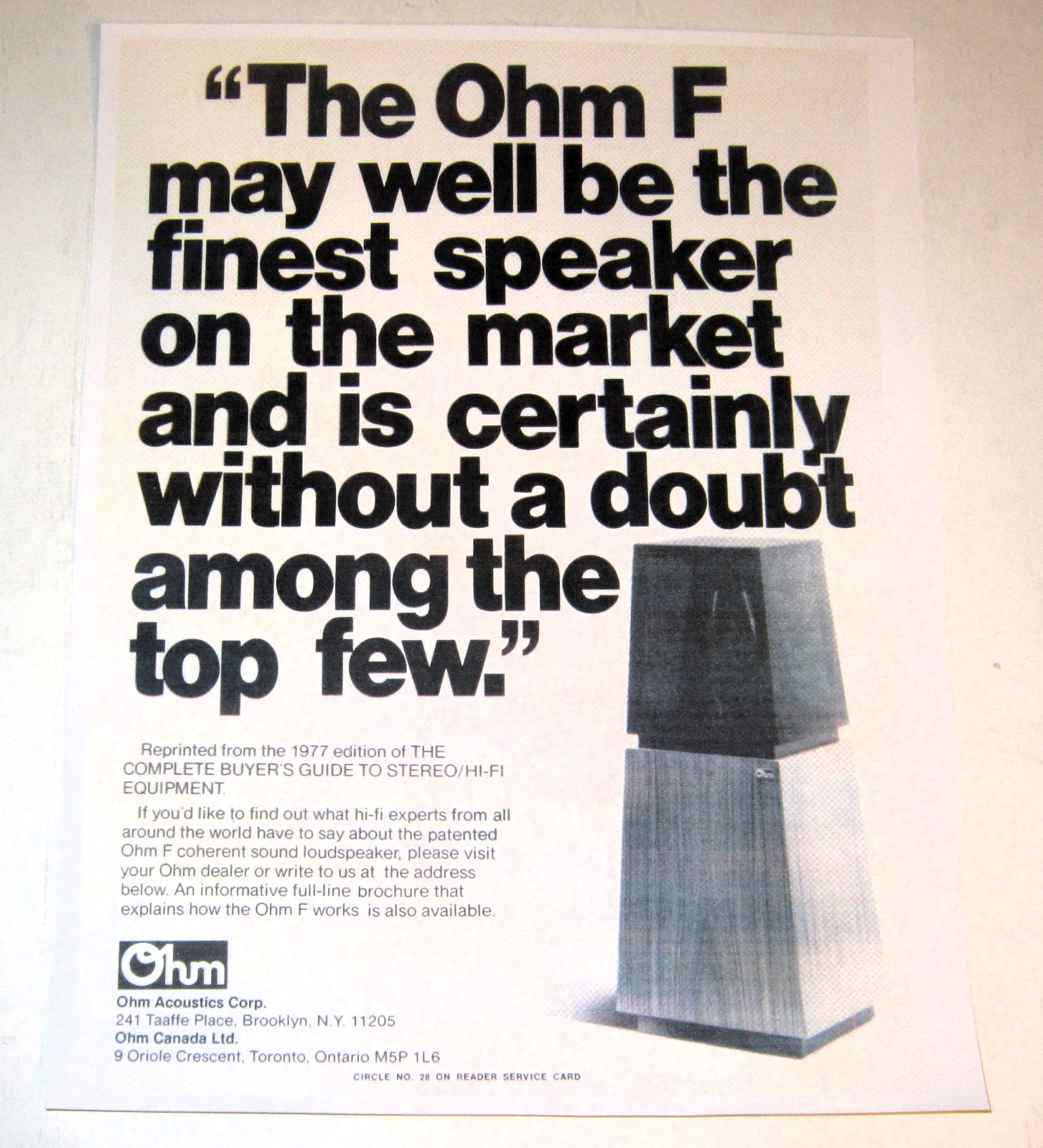 Ohm F Coherent Vintage Audiophile Ad 1977 - 1 page Walsh Driver