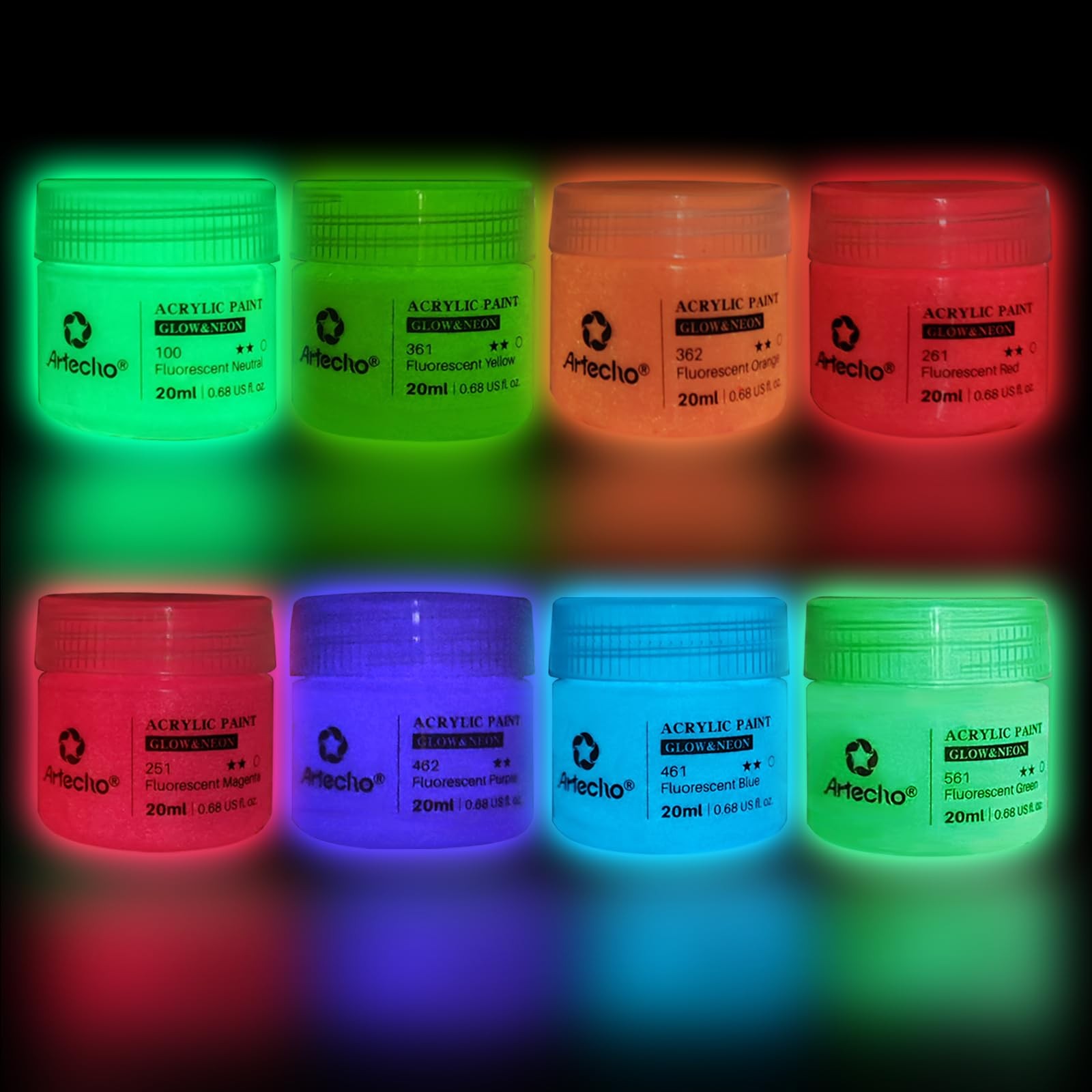 Artecho Glow in the Dark Paint 8 5.6 Fl Oz (Pack of 1), Glow&Neon-8 colors