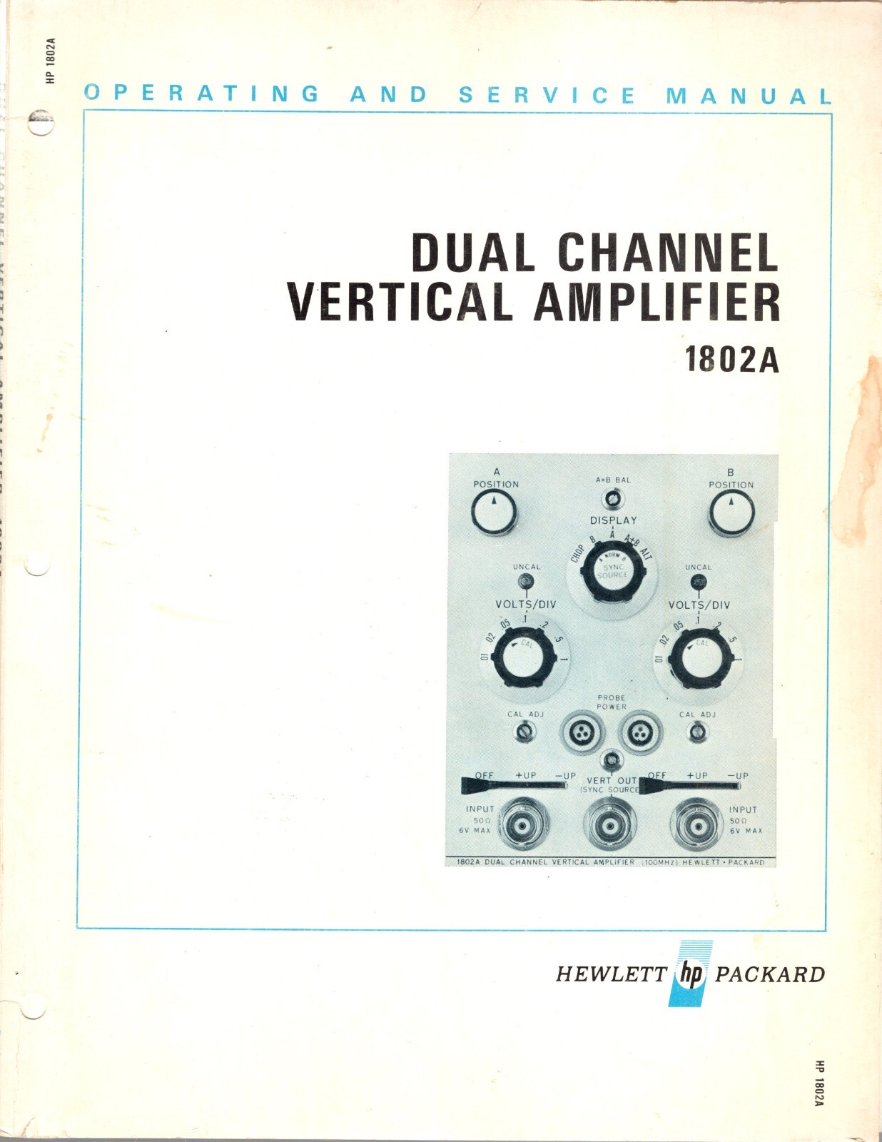 Hewlett Packard 1802A Dual Channel Vertical Amplifier Ops&Svc Manual 1802-90901