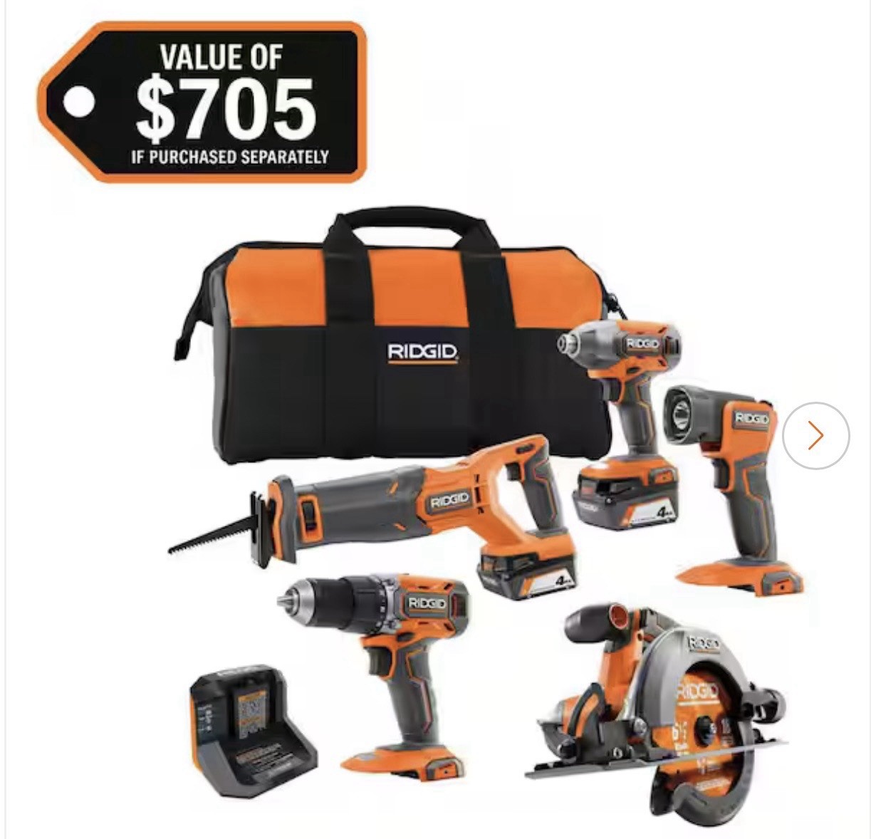 RIDGID 18V Cordless 5-Tool Set Combo Kit With 2 Batteries, Charger, Tool Bag