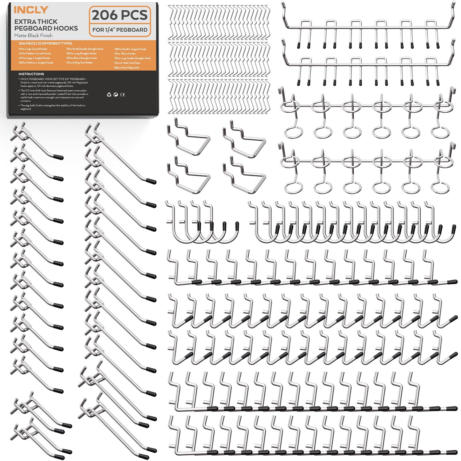 206 PCS 1/4" Pegboard Hooks Set with Bins for Hanging Tools Garage Organizer