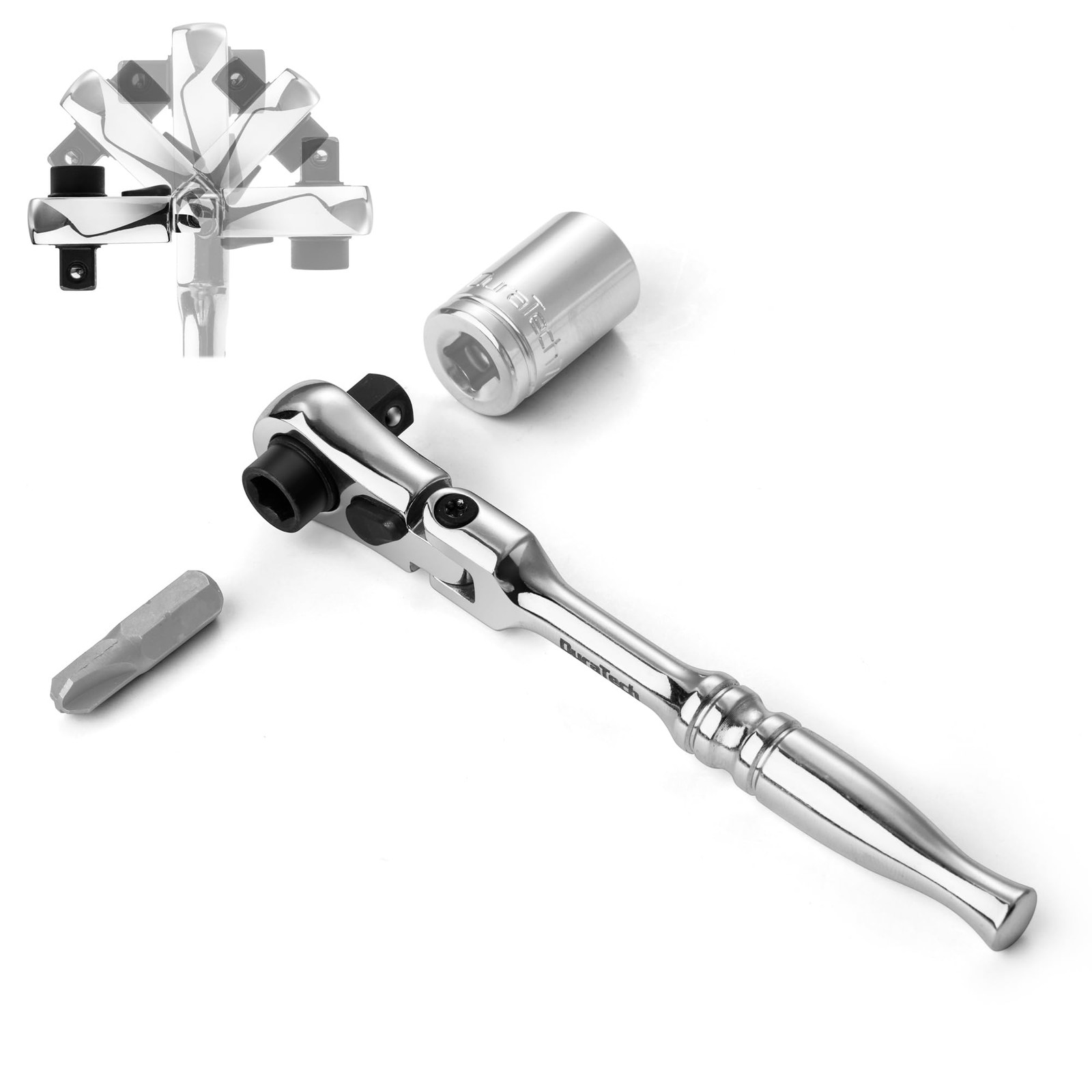 DURATECH 1/4" Drive Ratchet Handle, 2 in 1 Flex Head Ratchet, Silver