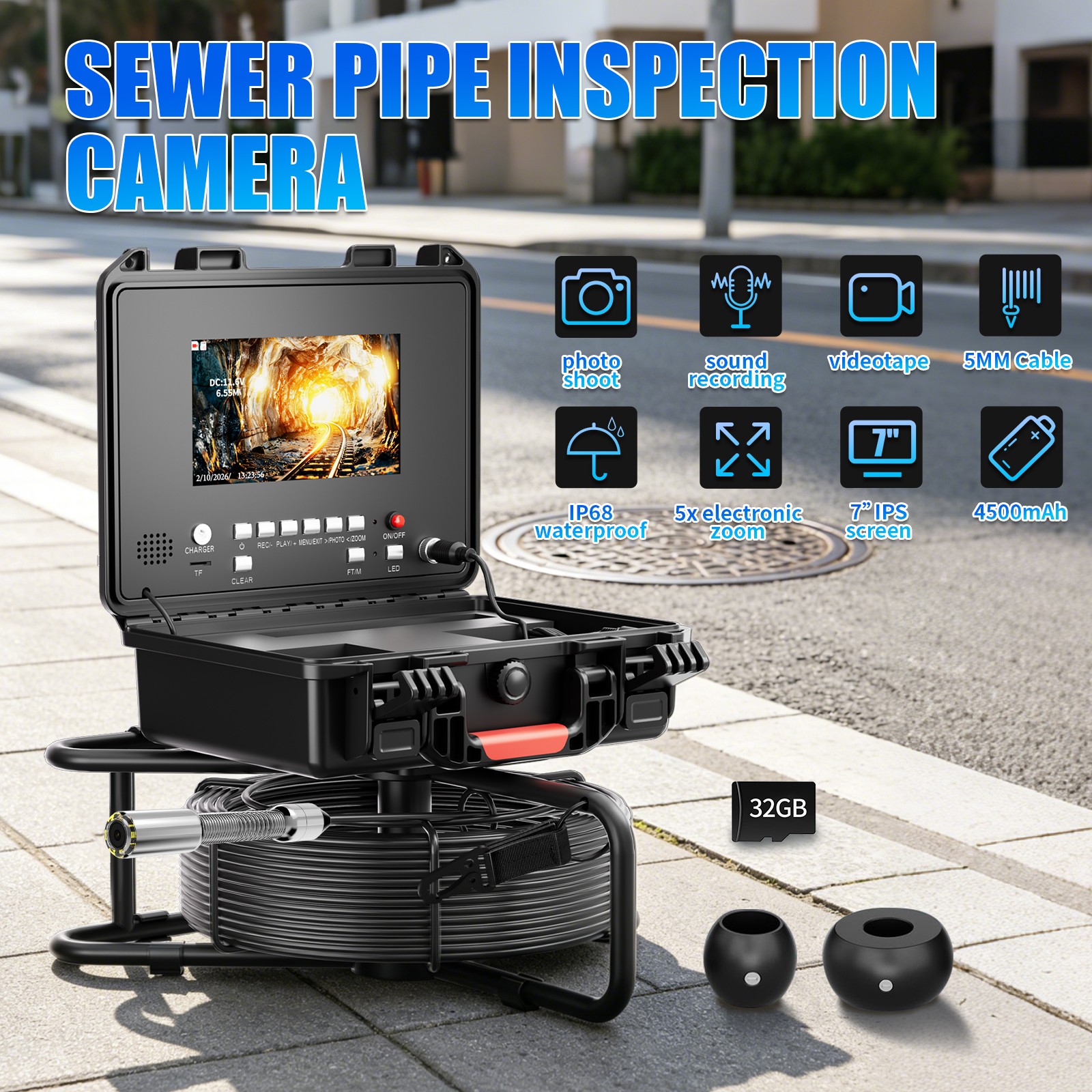 30m Pipe Sewer Inspection Camera w/ Meter Counter Drain Sewer Endoscope 7" DVR