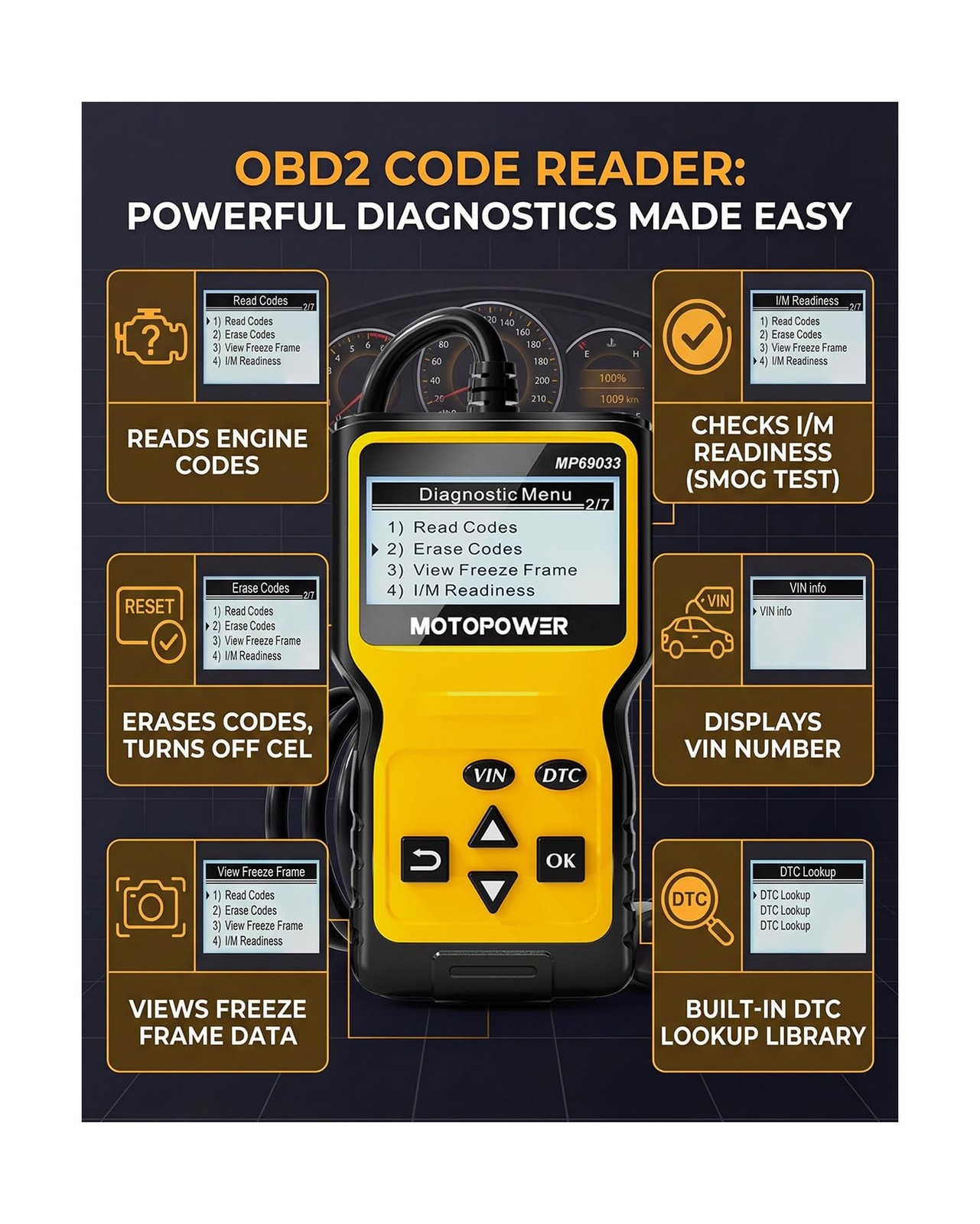 MOTOPOWER MP69033 Car OBD2 Scanner Code Reader Engine Fault Scanner CAN Diagn...