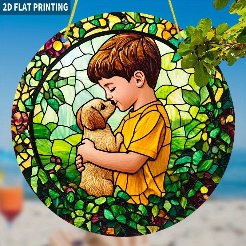 Green Color Boy & Puppy Acrylic Suncatcher Hanging Decoration for Window/Garden