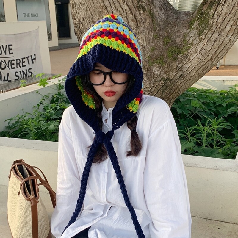 Keep Warm Woman Crochet Stripe Long Tail Hat Winter Rainbow Color Hat for Dating