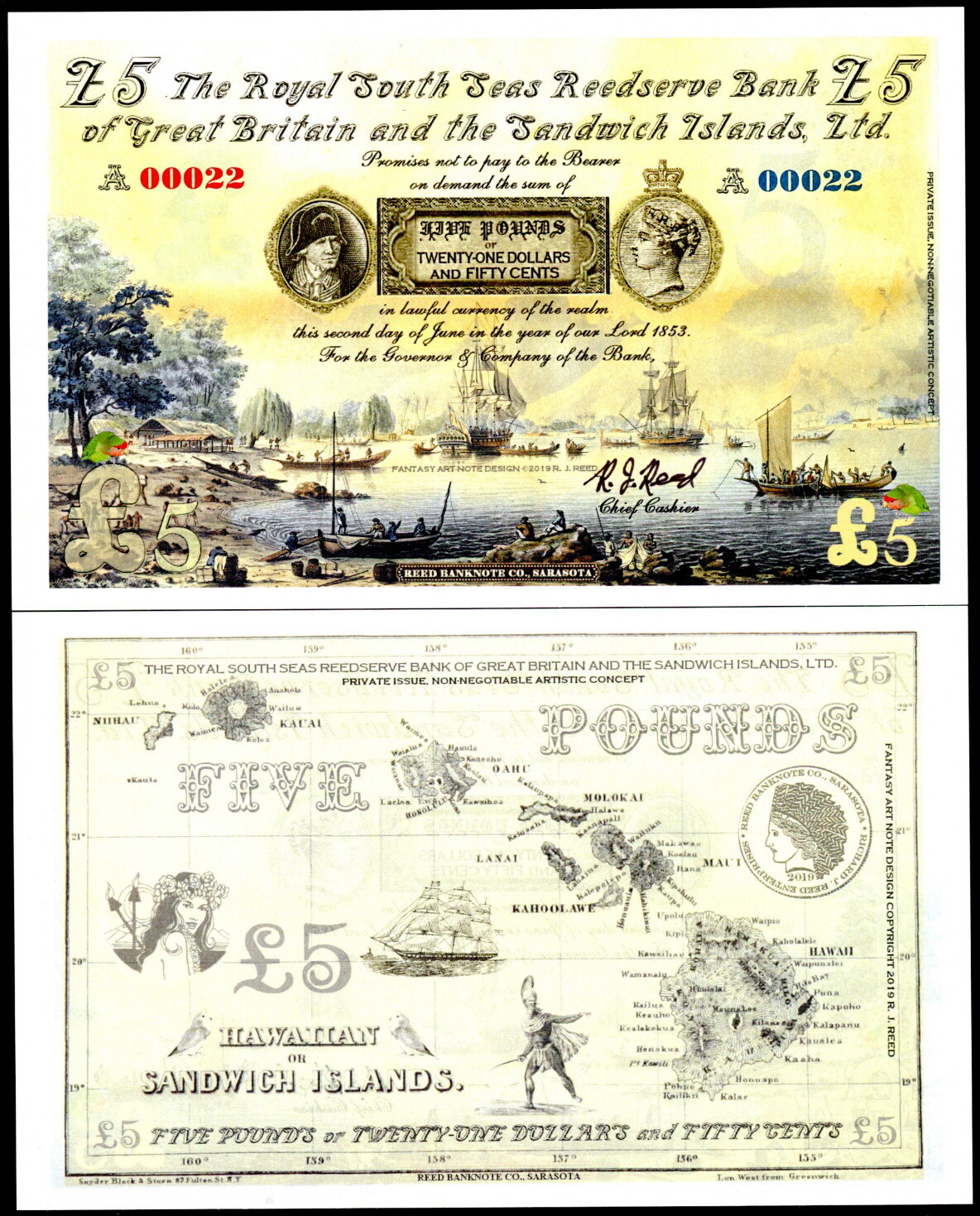 SANDWICH ISLANDS (HAWAII) 5 POUNDS FANTASY ART NOTE, CAPT. COOK, QUEEN VICTORIA!