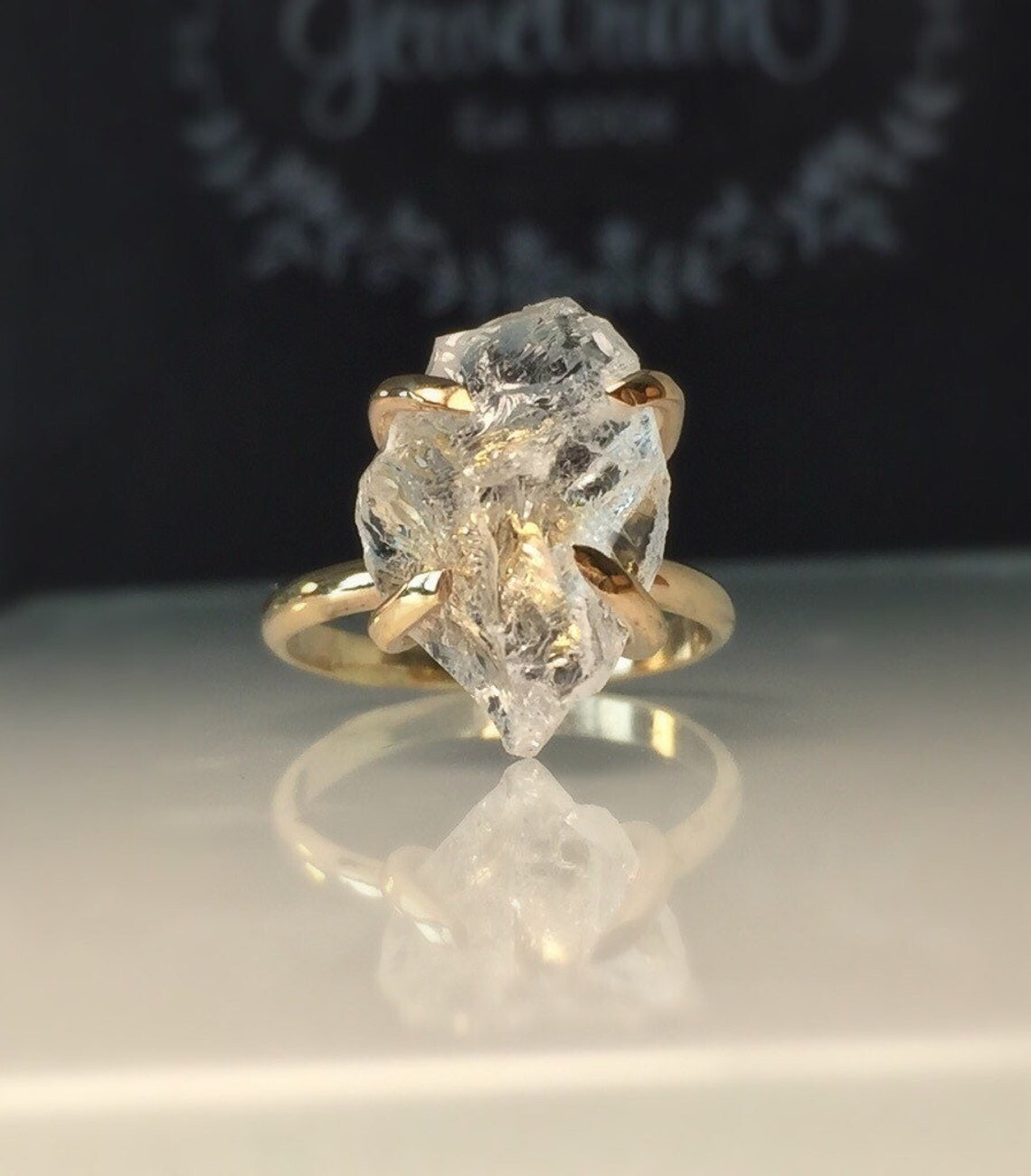 Natural Herkimer Diamond Ring Gold Plated Silver Jewelry