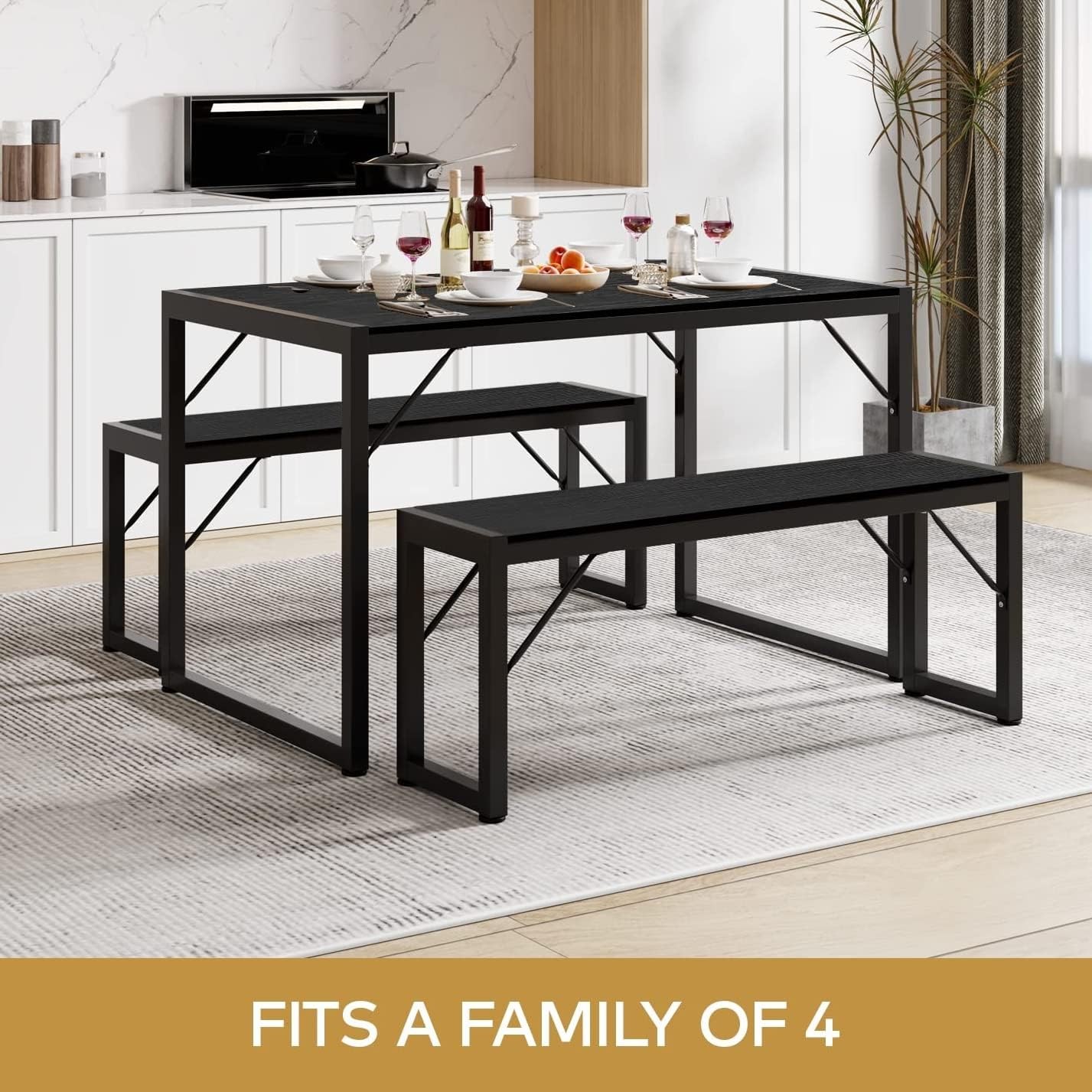45.5" Dining Table Set for 4 with 2 Benches Kitchen Table Set with Metal Frame